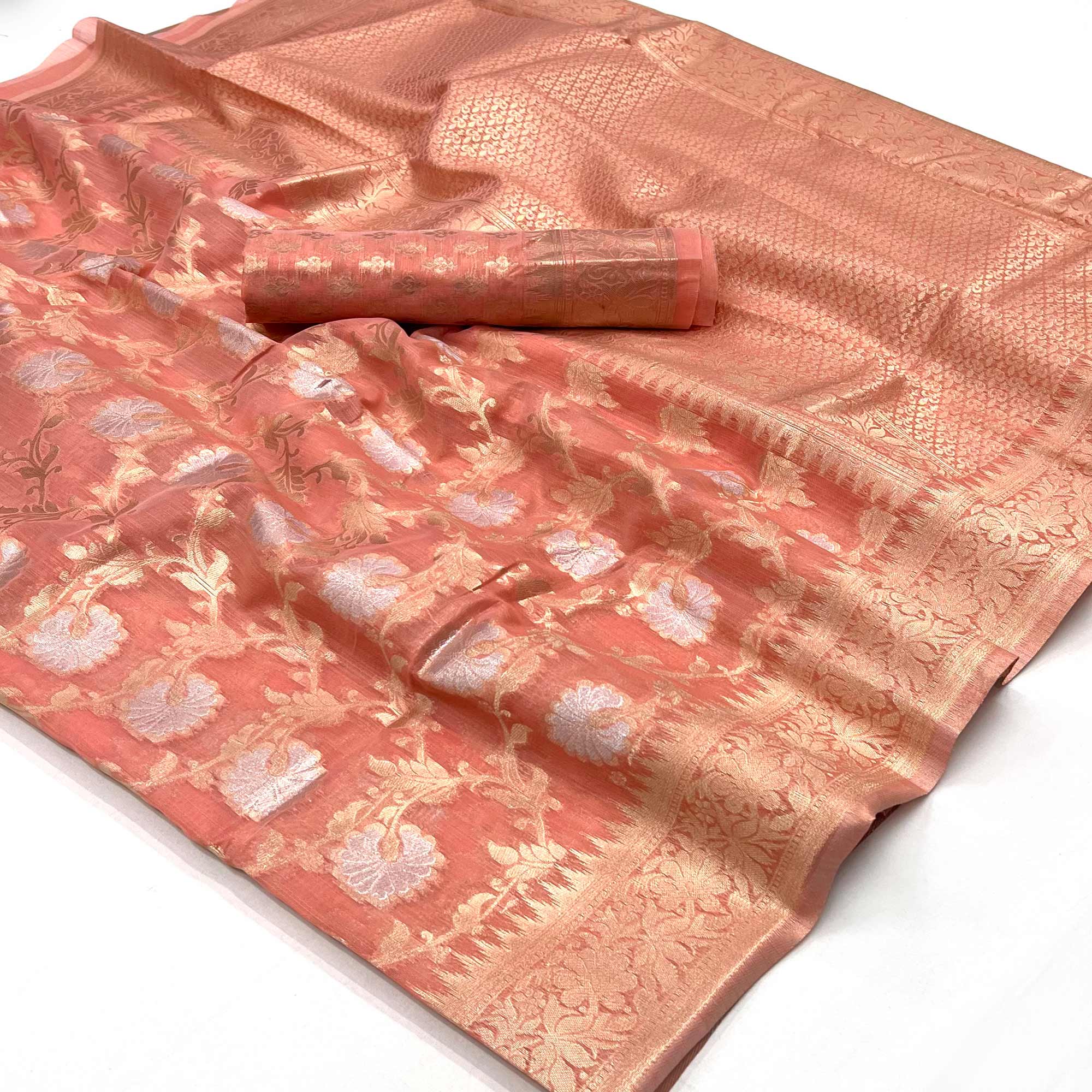 Peach Floral Woven Linen Saree