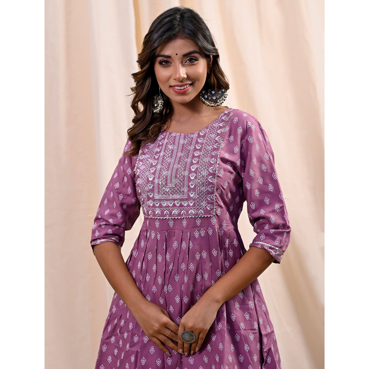 Plum Violet Printed With Embroidered Rayon Kurti With Dhoti Set - Image 4