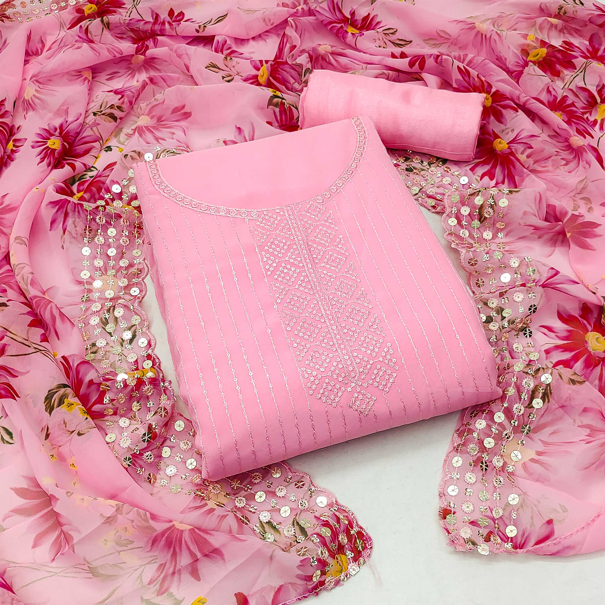 Pink Sequins Embroidered Georgette Dress Material