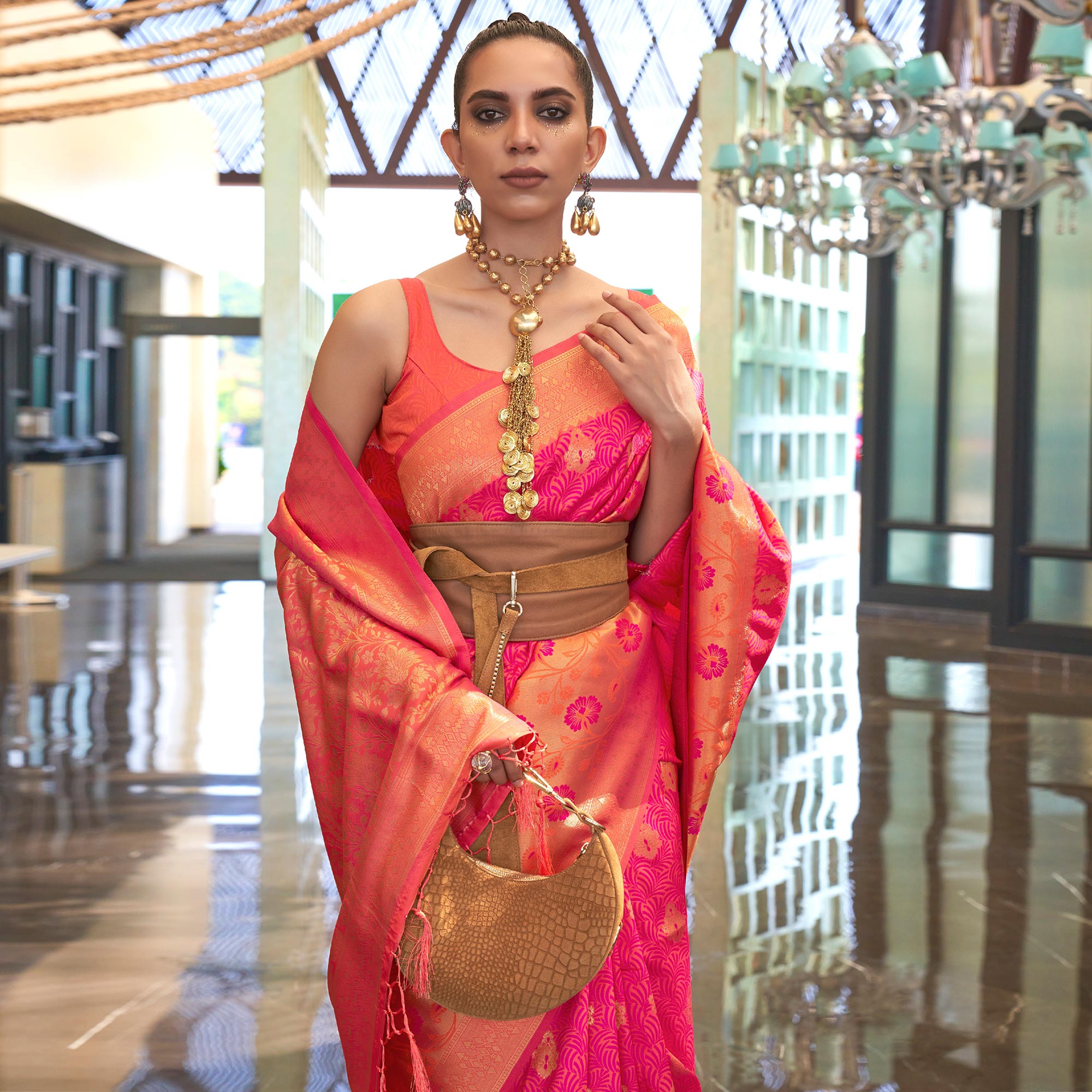 Pink Floral Woven Art Silk Saree With Tassels