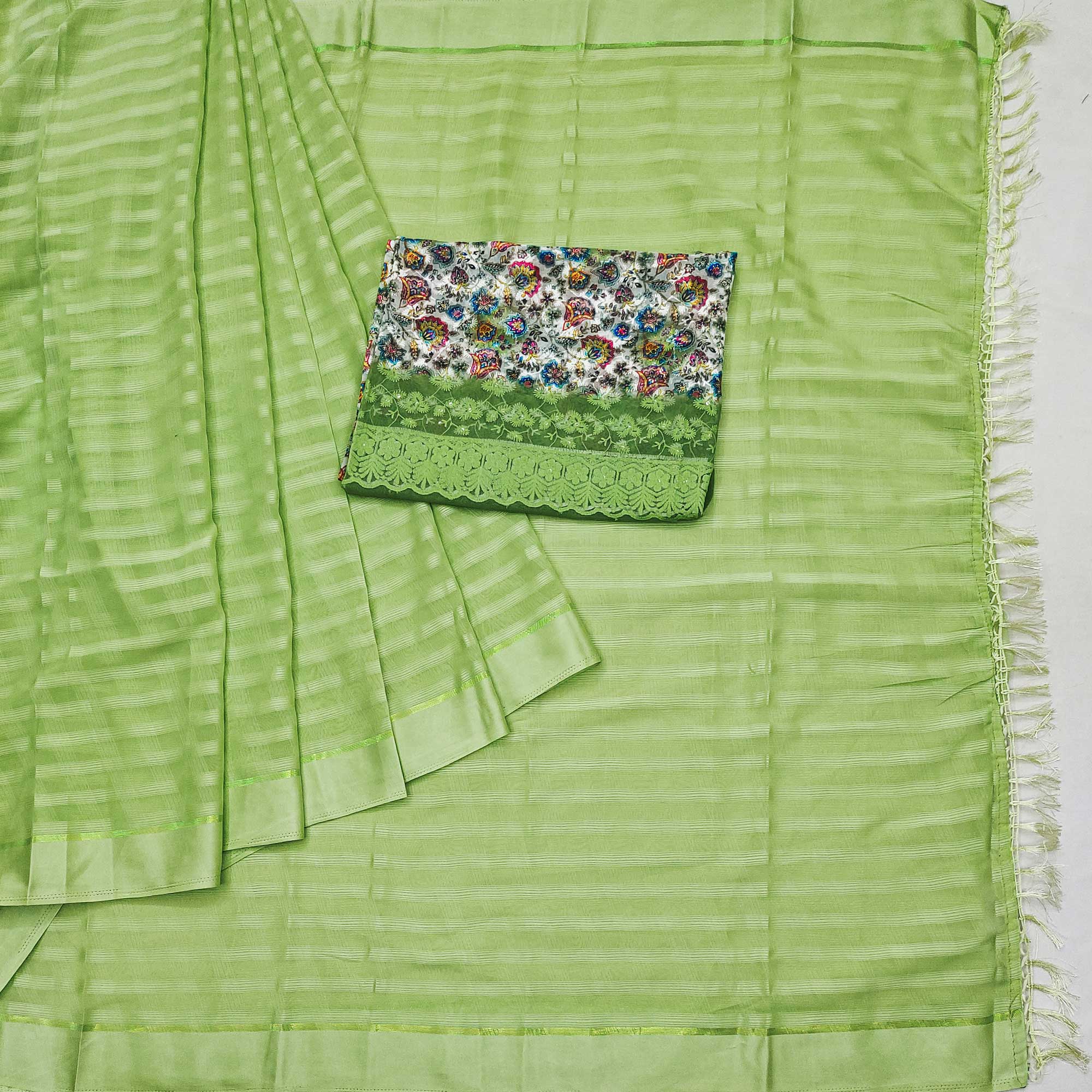 Green Checks Pattern Satin Saree