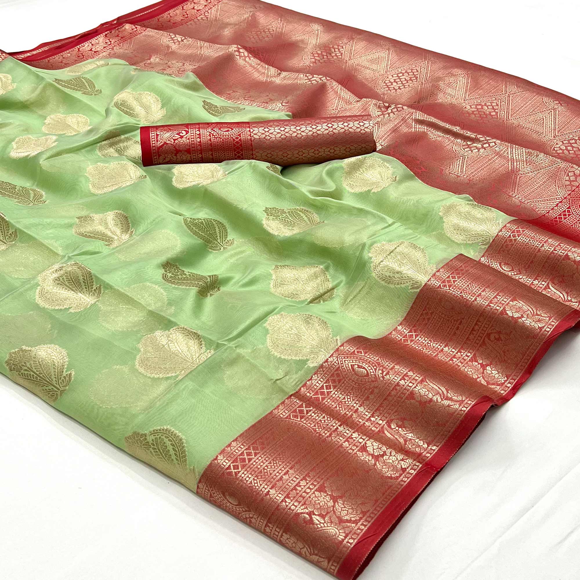 Pista Green Floral Woven Organza Saree