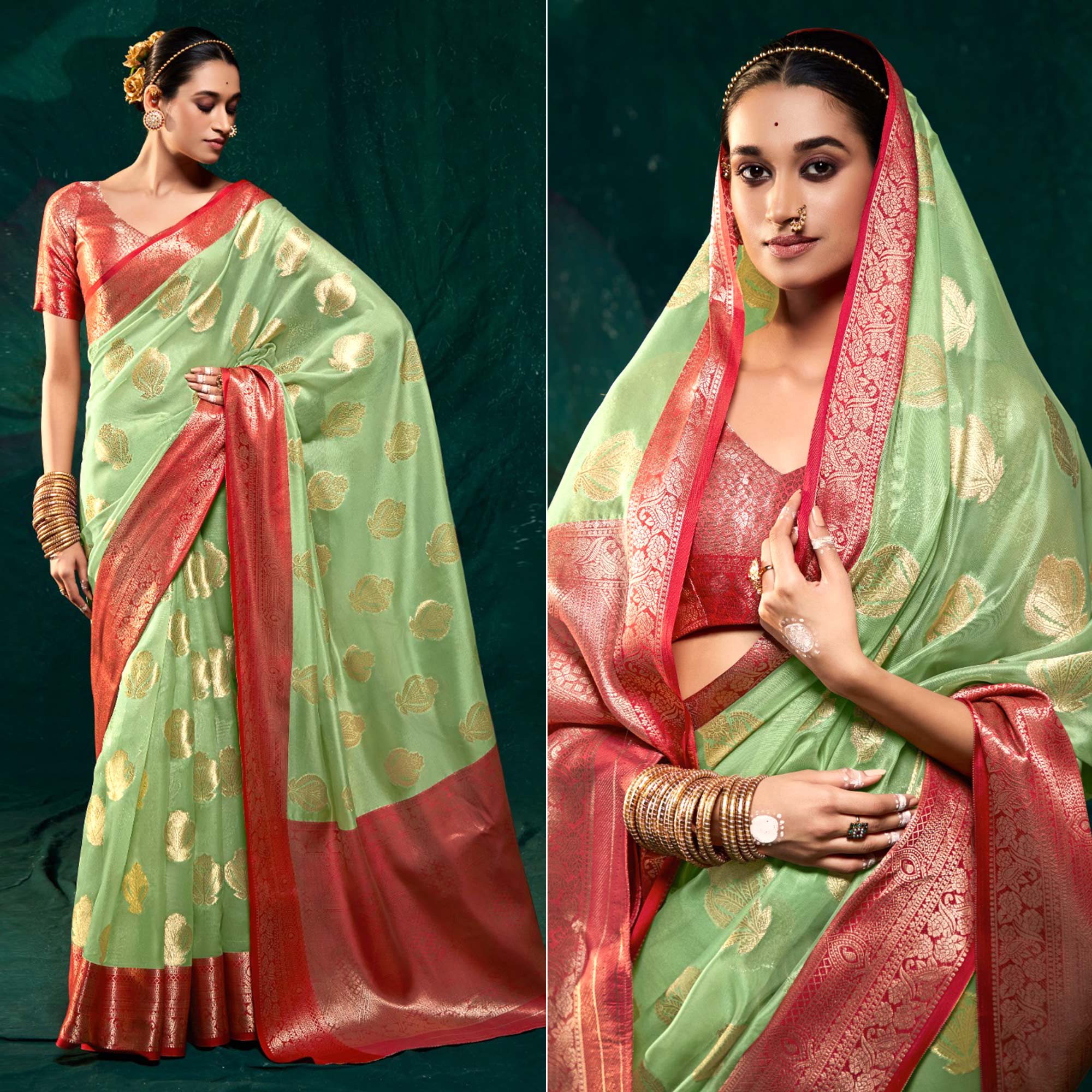 Pista Green Floral Woven Organza Saree