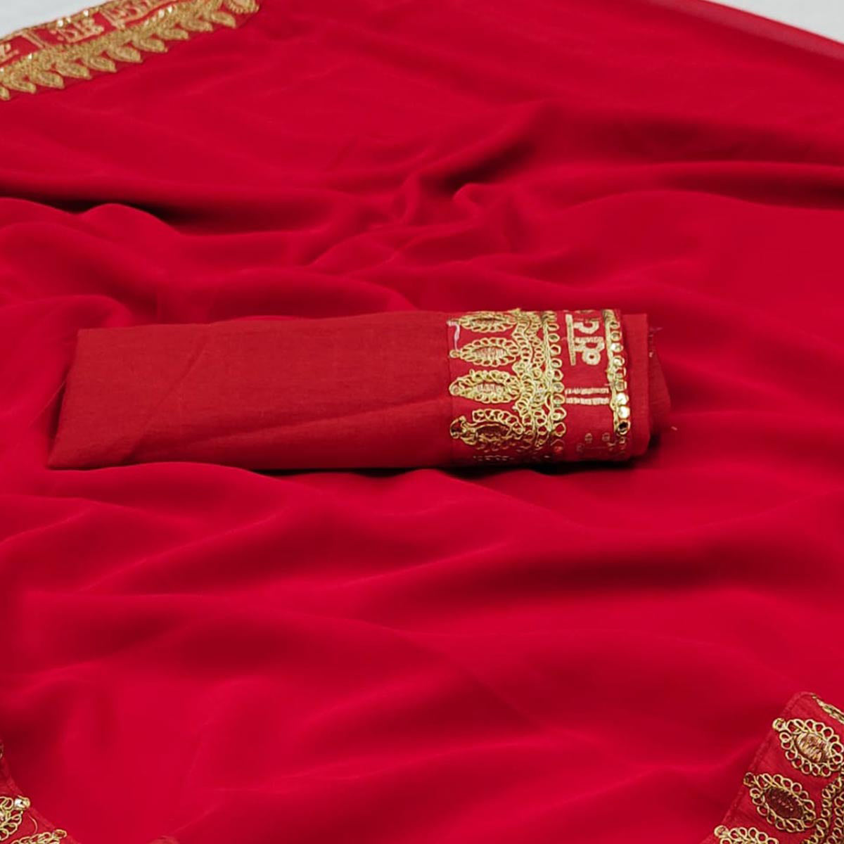 Red Embroidered Border Georgette Saree - Image 6