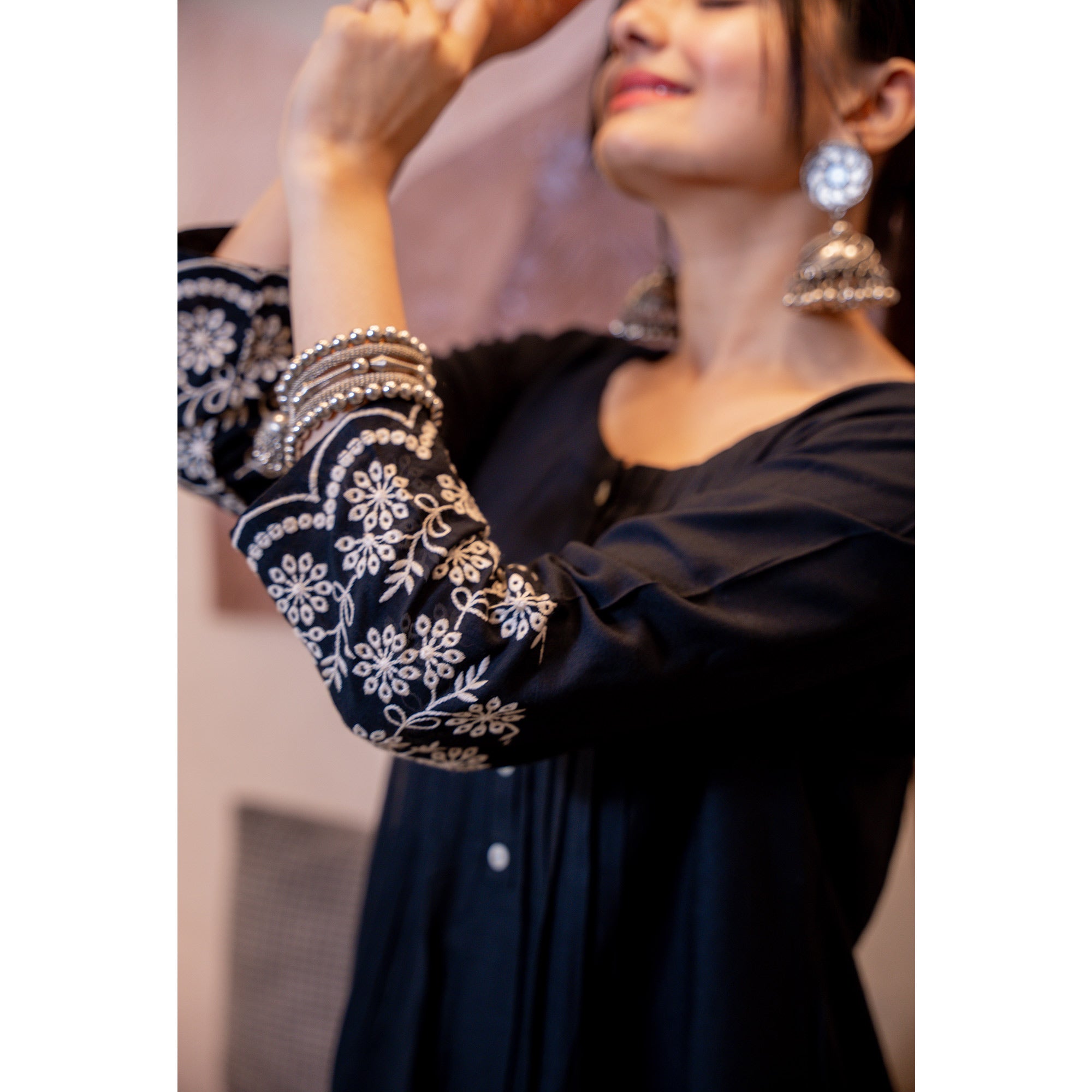 Black Floral Embroidered Rayon Dress