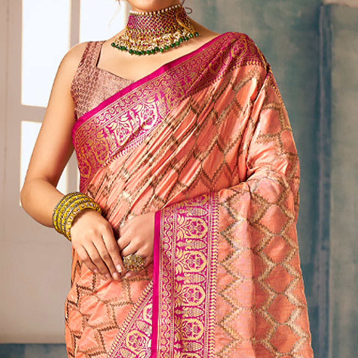Peach Woven Banarasi Silk Saree
