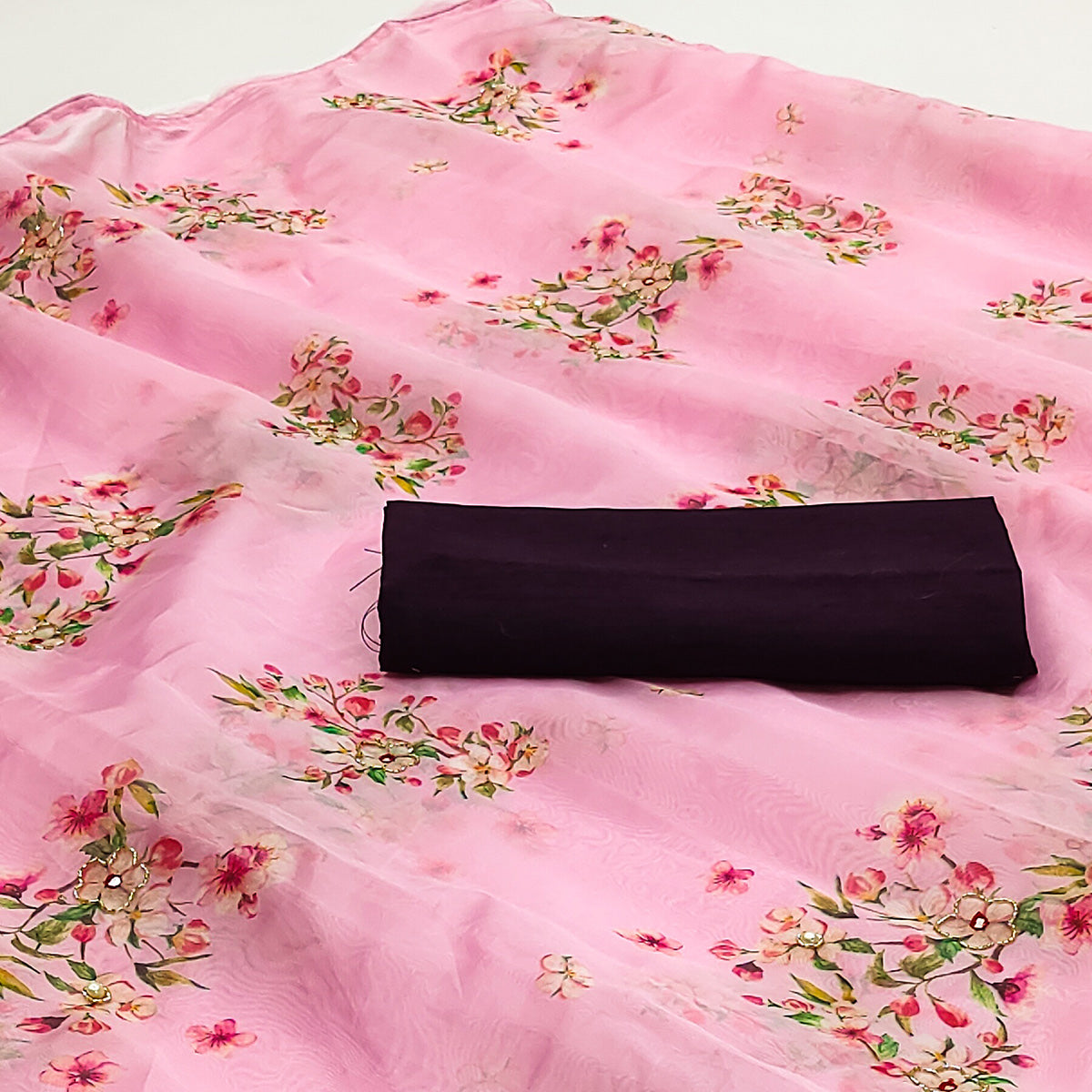 Pink Floral Printed With Khatli Work Organza Saree