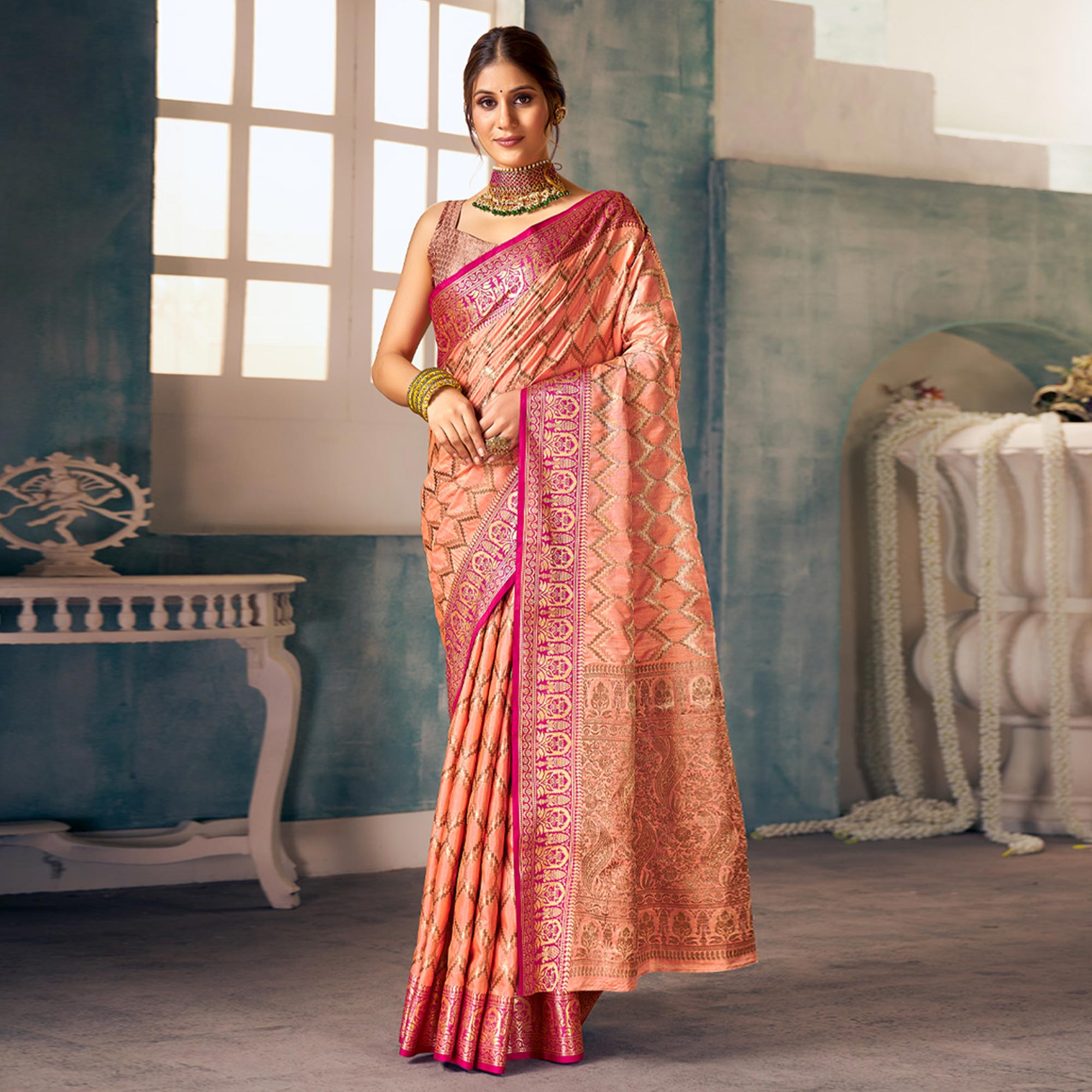 Peach Woven Banarasi Silk Saree