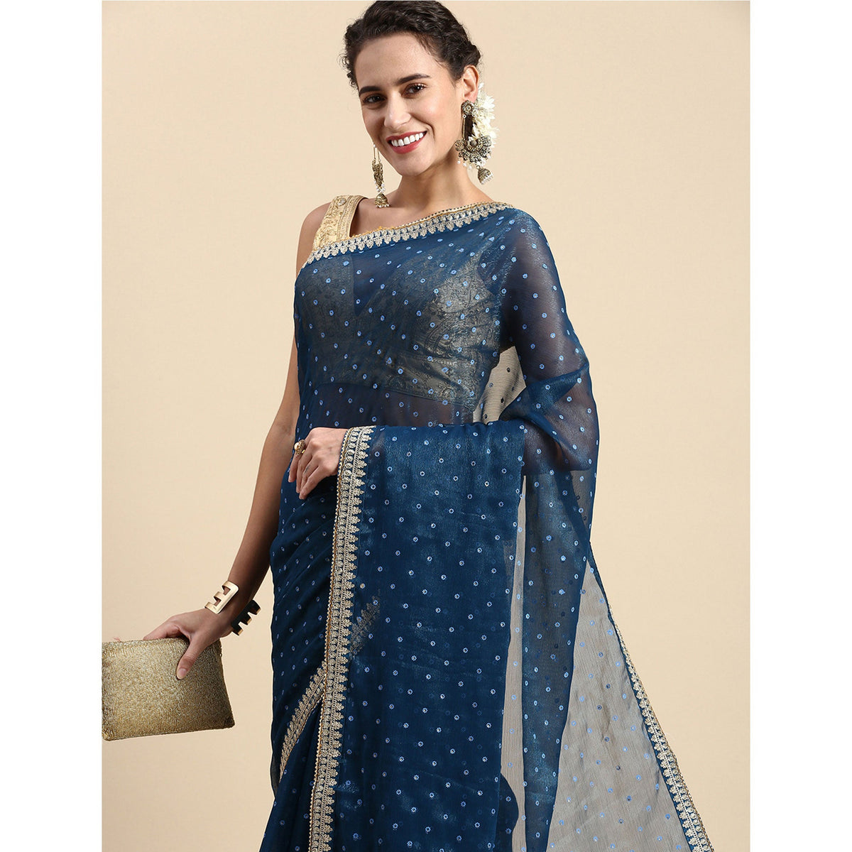 Blue Foil Printed With Embroidered Border Chiffon Saree - Image 9