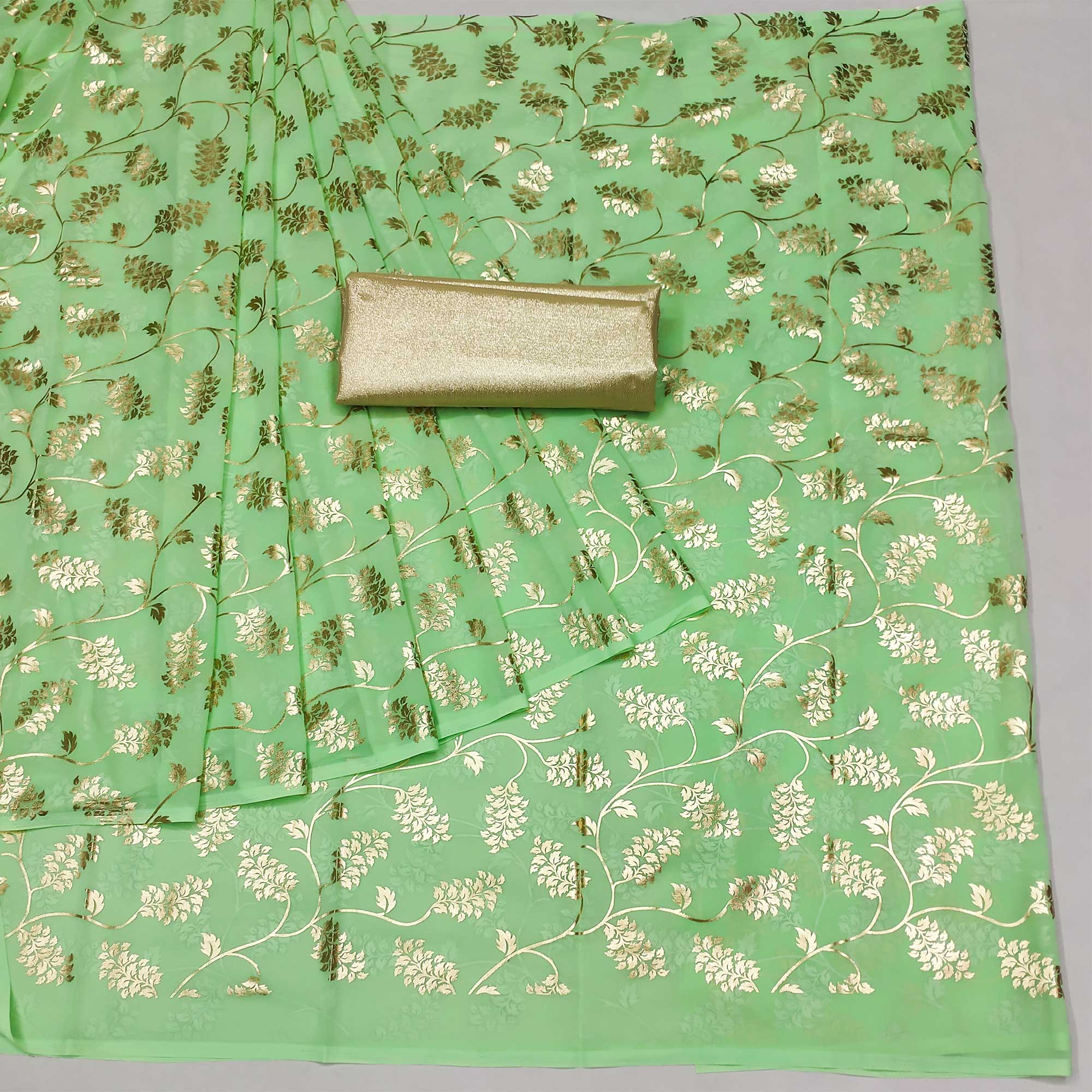 Green Floral Foil Printed Georgette Saree