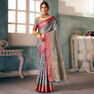 Grey Woven Banarasi Silk Saree