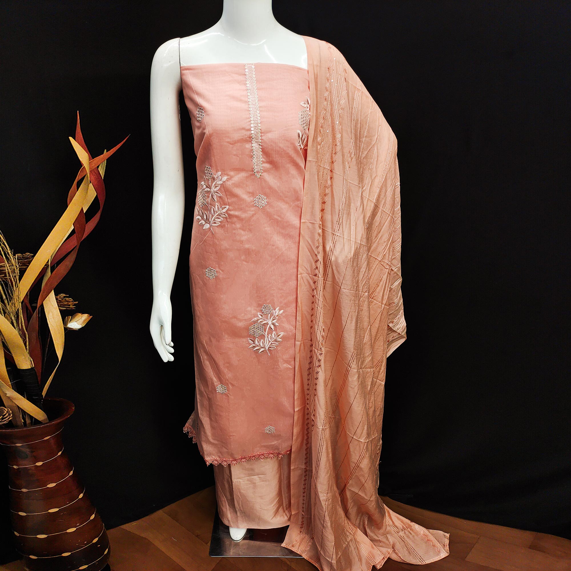 Peach Floral Sequins Embroidered Chanderi Dress Material