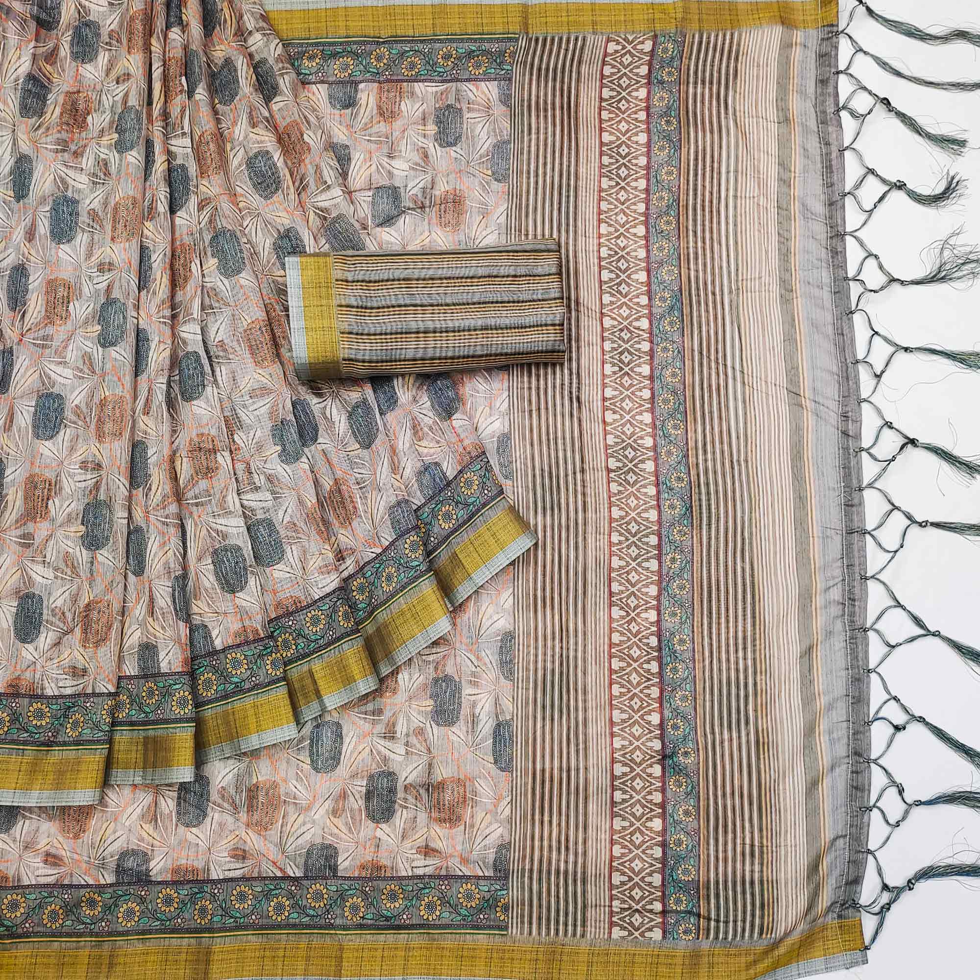 Grey Floral Digital Printed Linen Saree