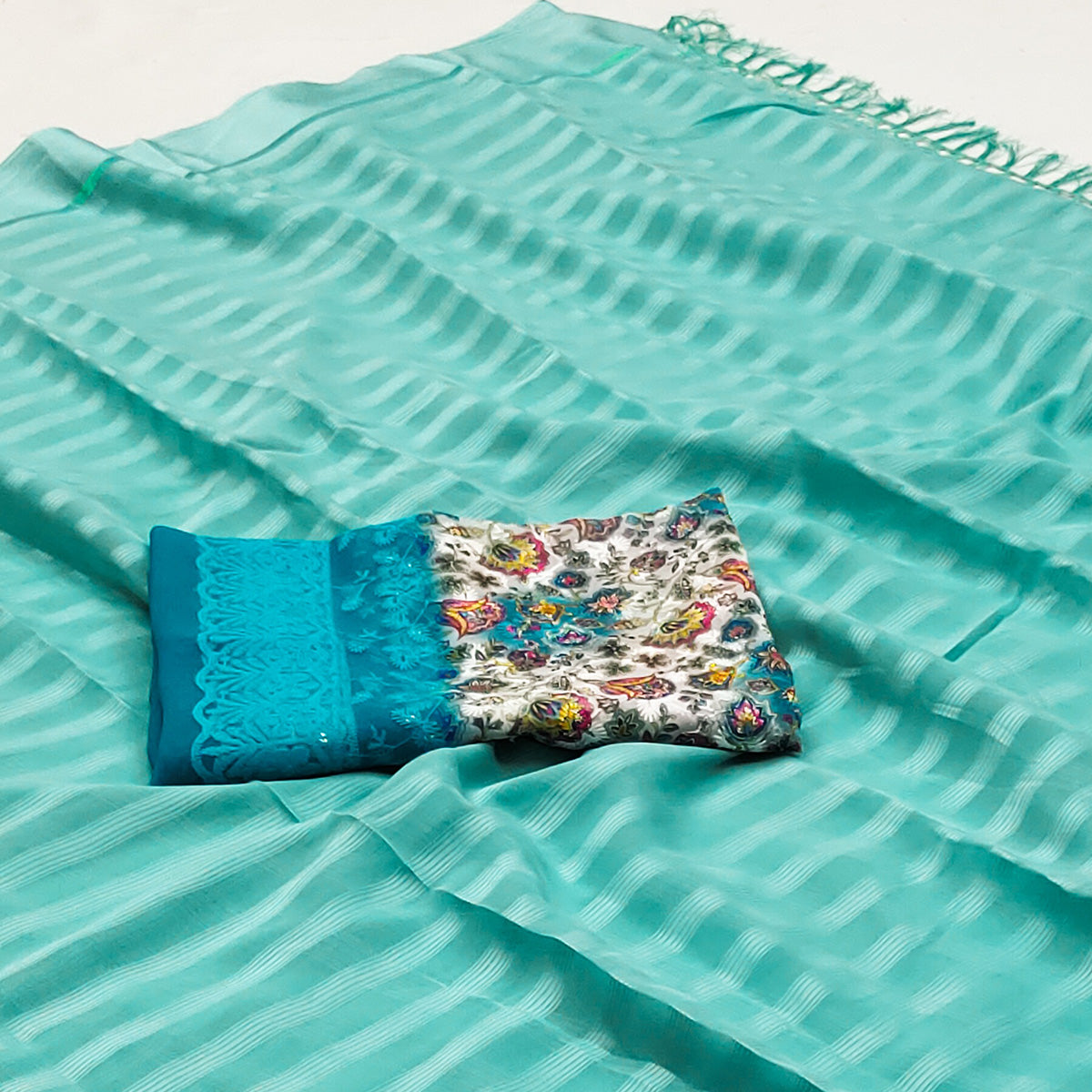 Turquoise Checks Pattern Satin Saree