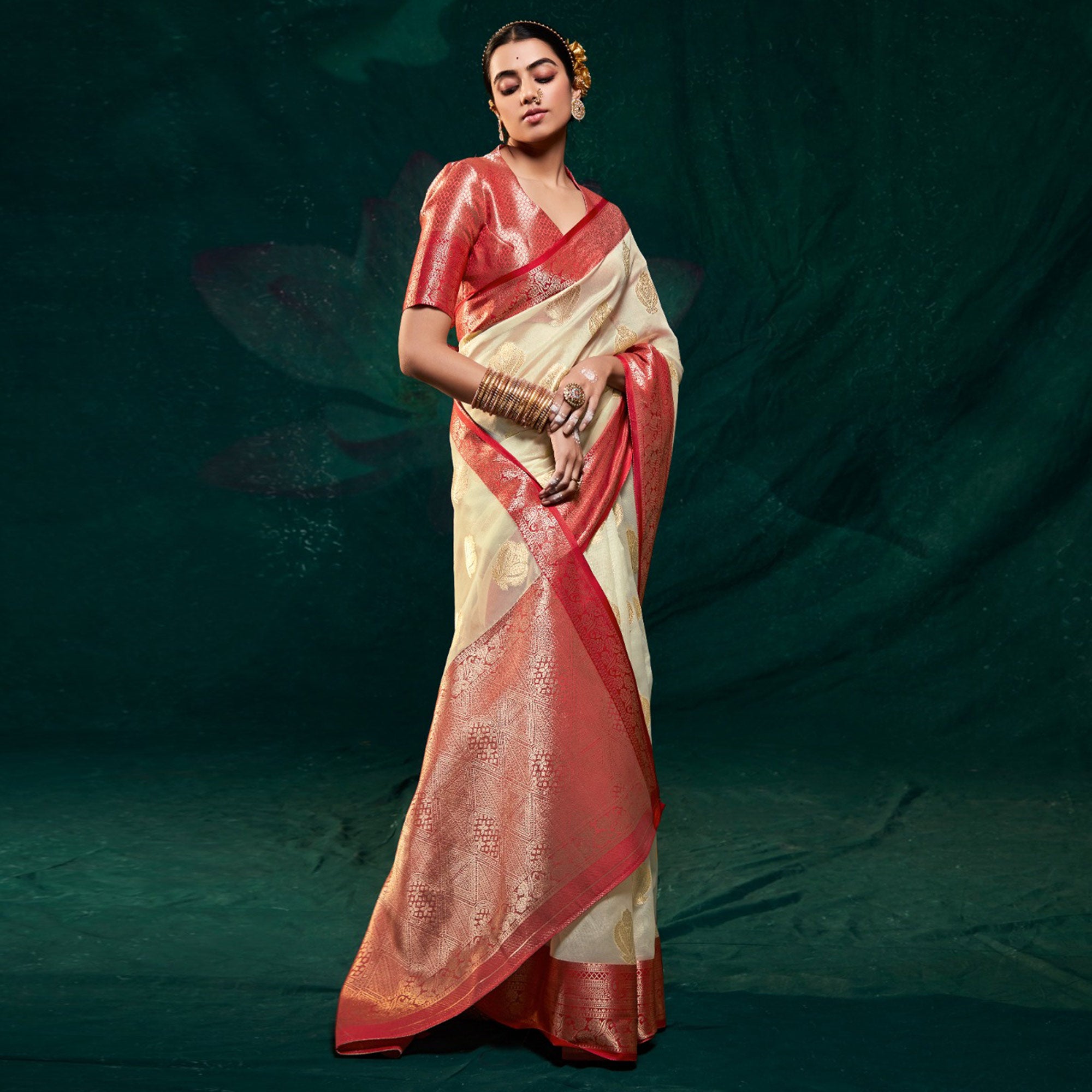 Off White Floral Woven Organza Saree