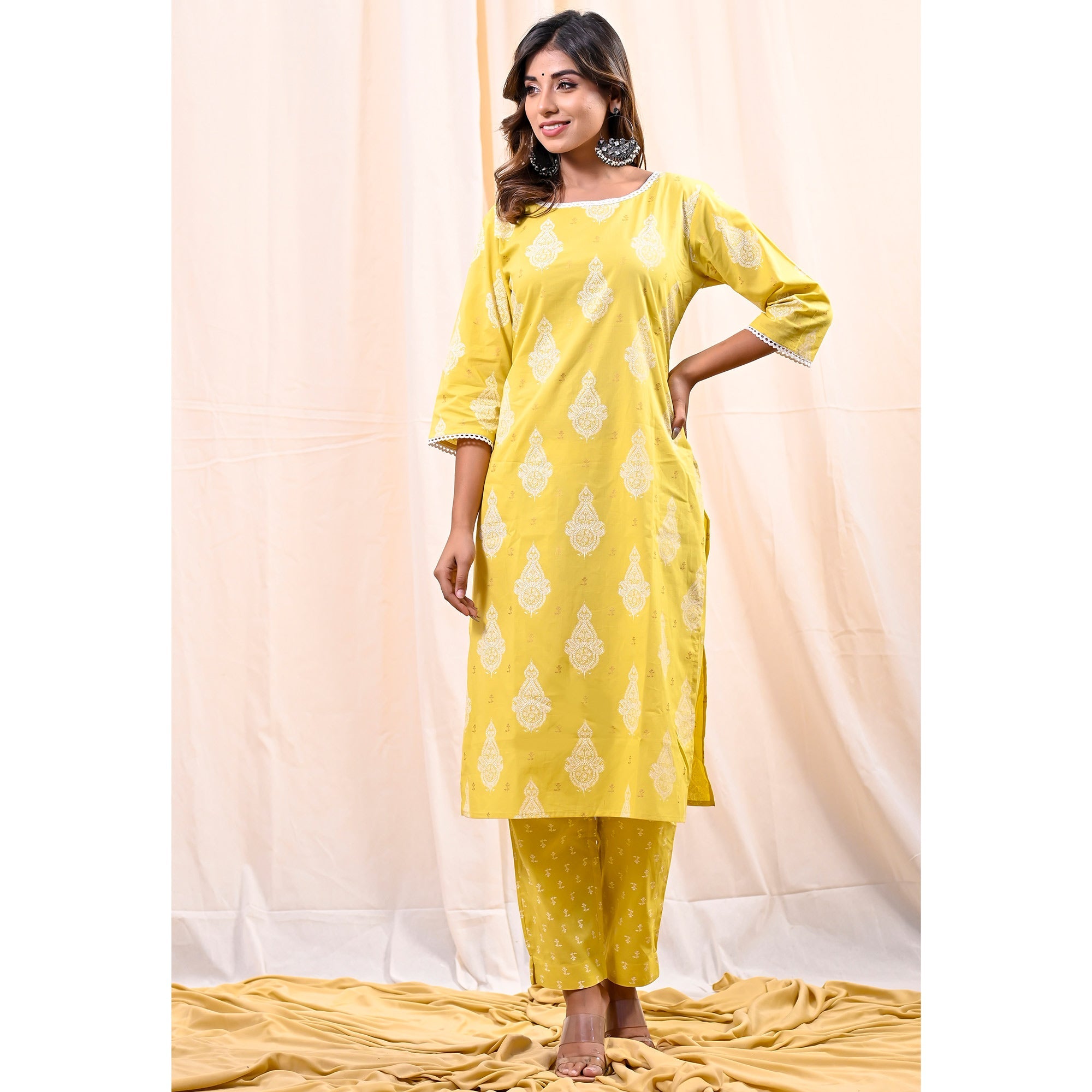 Yellow Printed Pure Cotton Salwar Suit - Image 1
