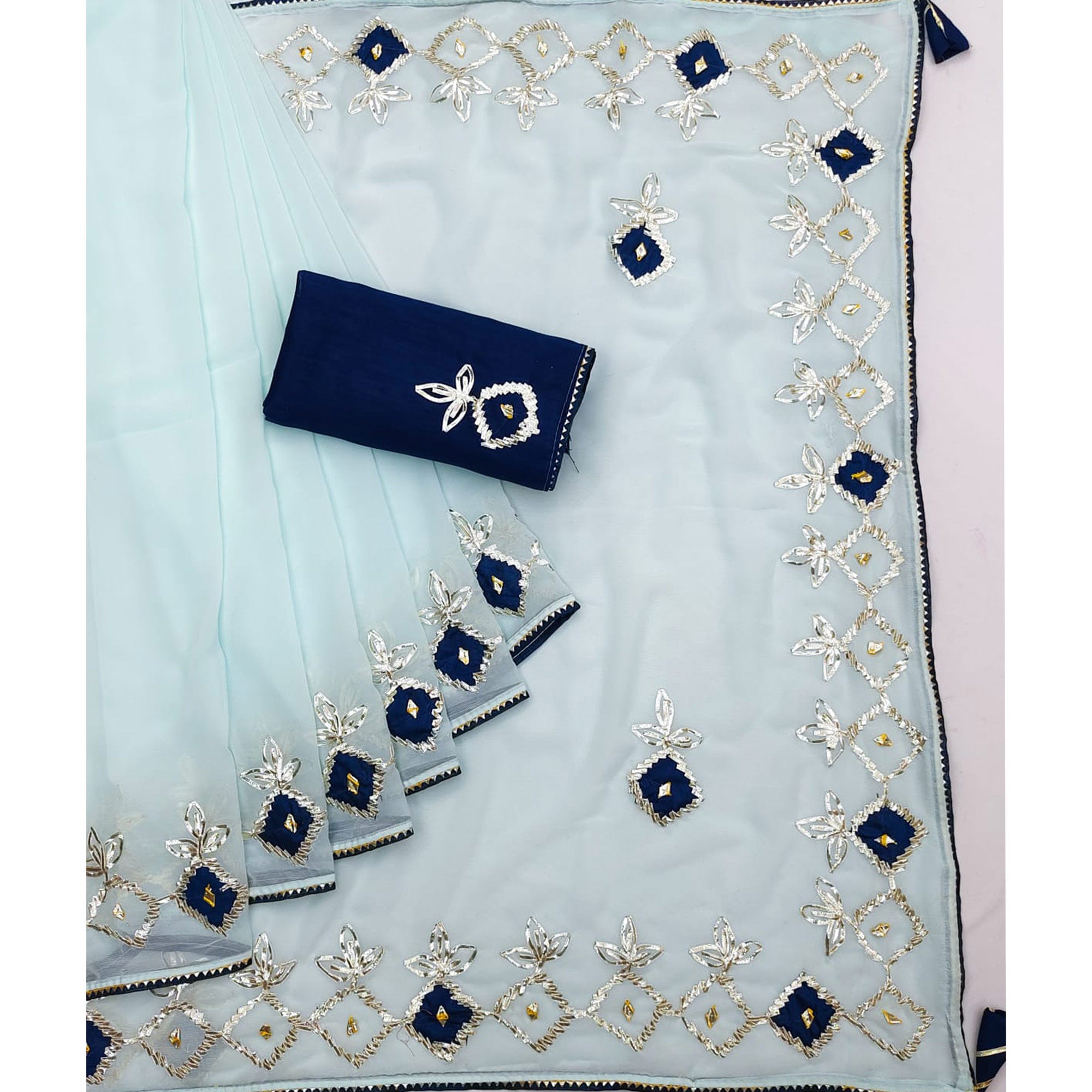 Blue Gota With Patch Work Chiffon Saree