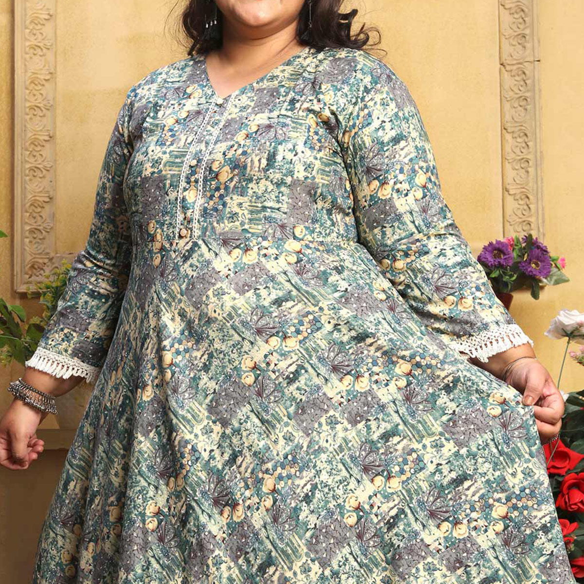 Green Floral Printed Rayon Long Kurti