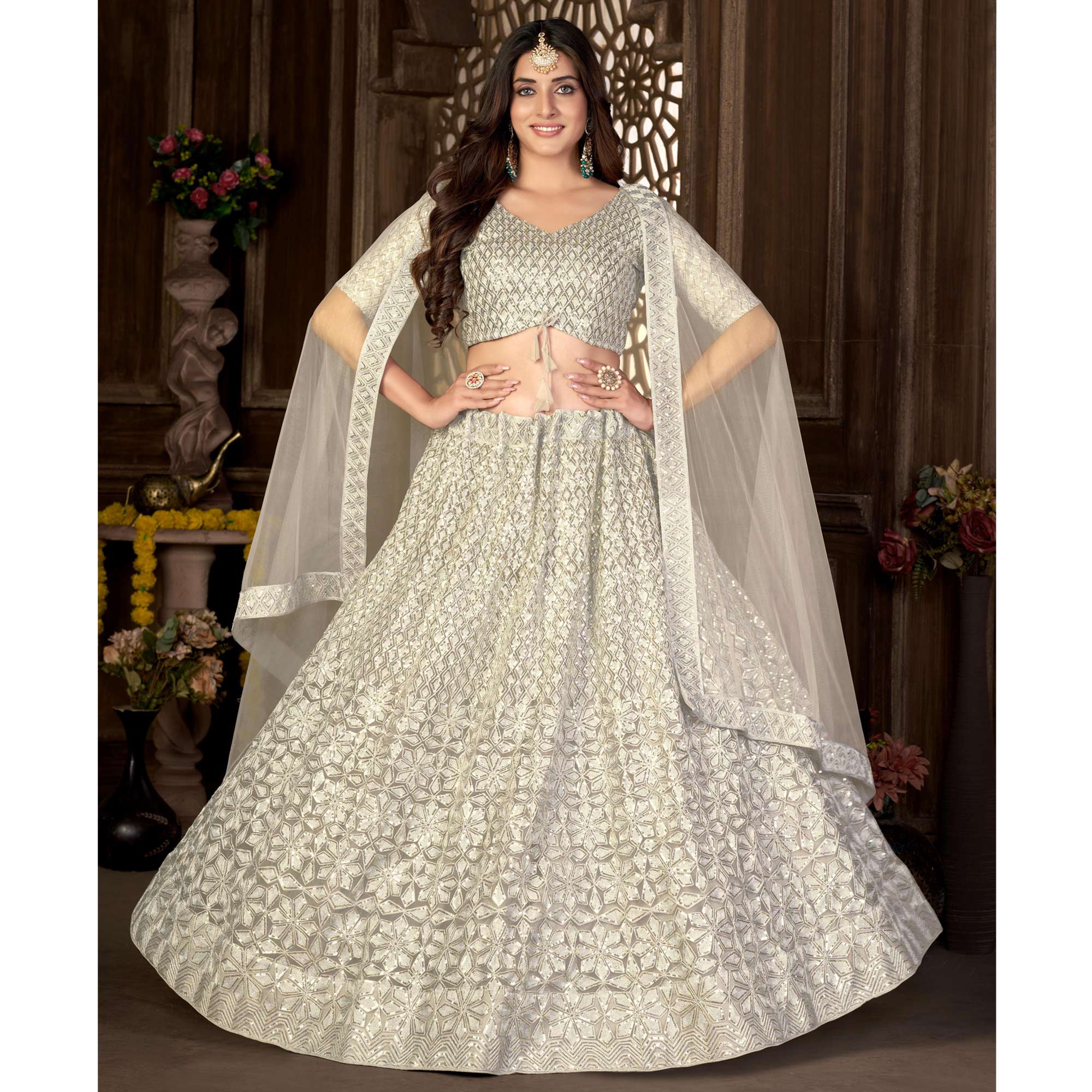 Cream Sequins Embroidered Net Lehenga Choli - Image 4