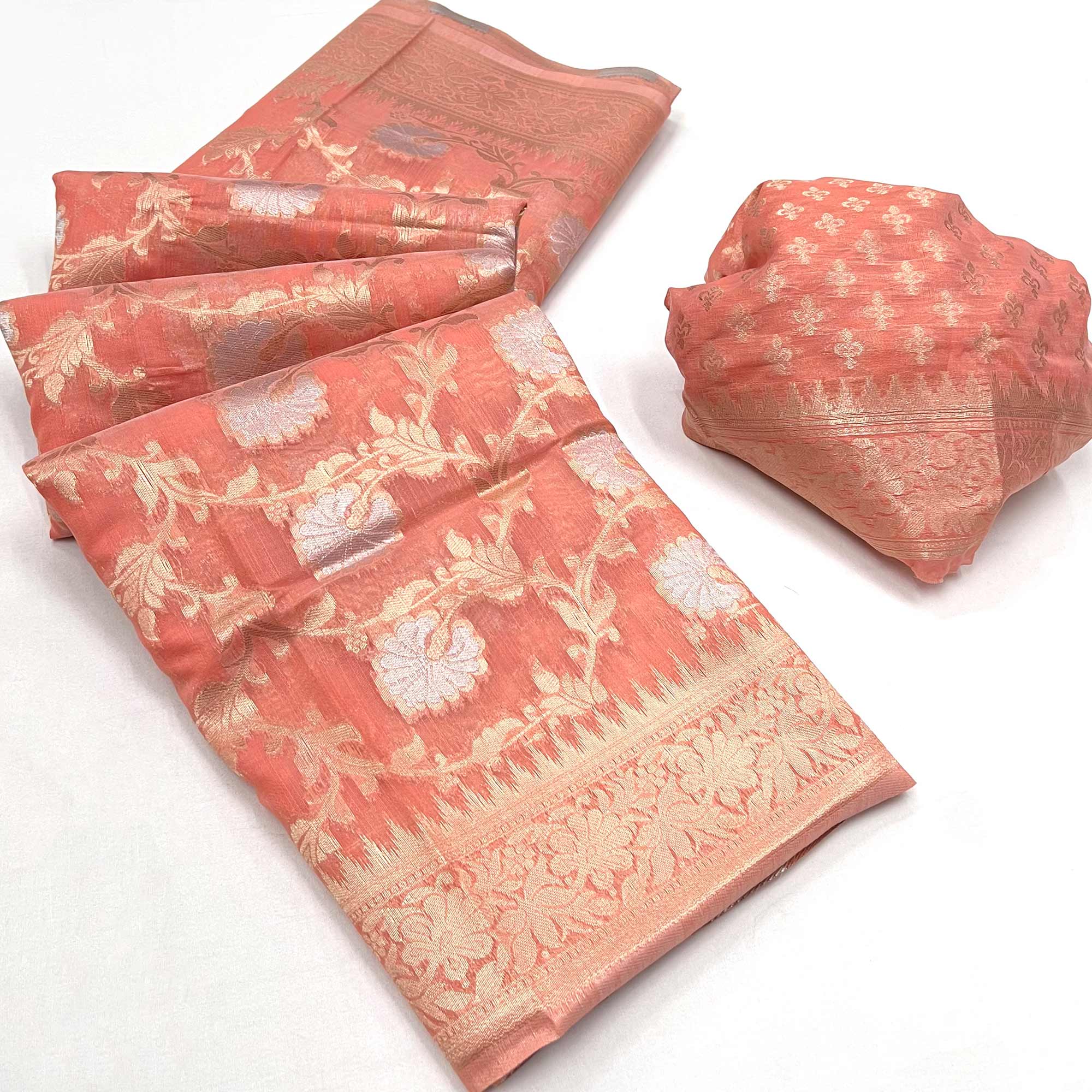 Peach Floral Woven Linen Saree