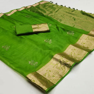 Green Floral Foil With Woven Border Organza Saree