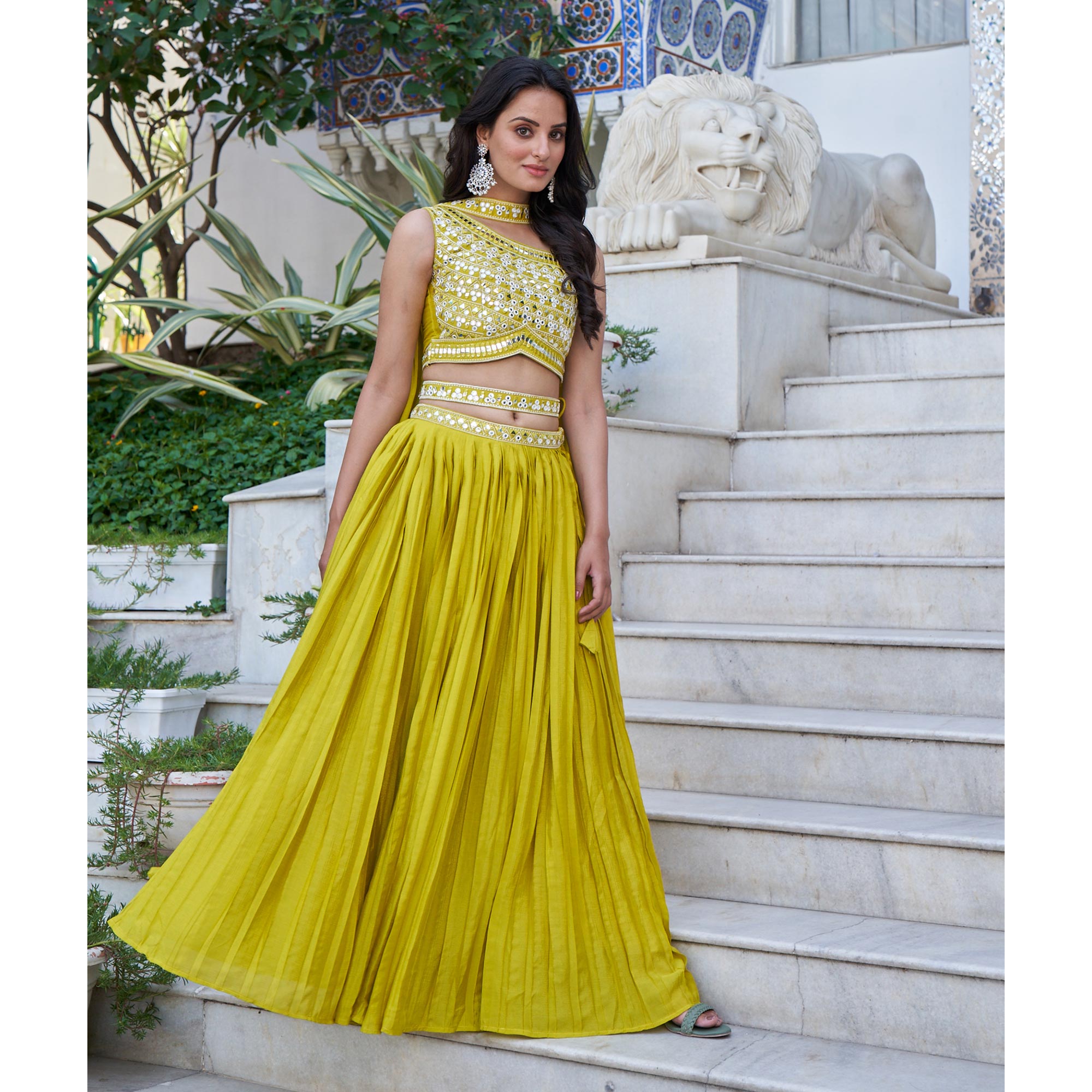 Lemon Green Embroidered Chiffon Plated Lehenga Choli - Image 6