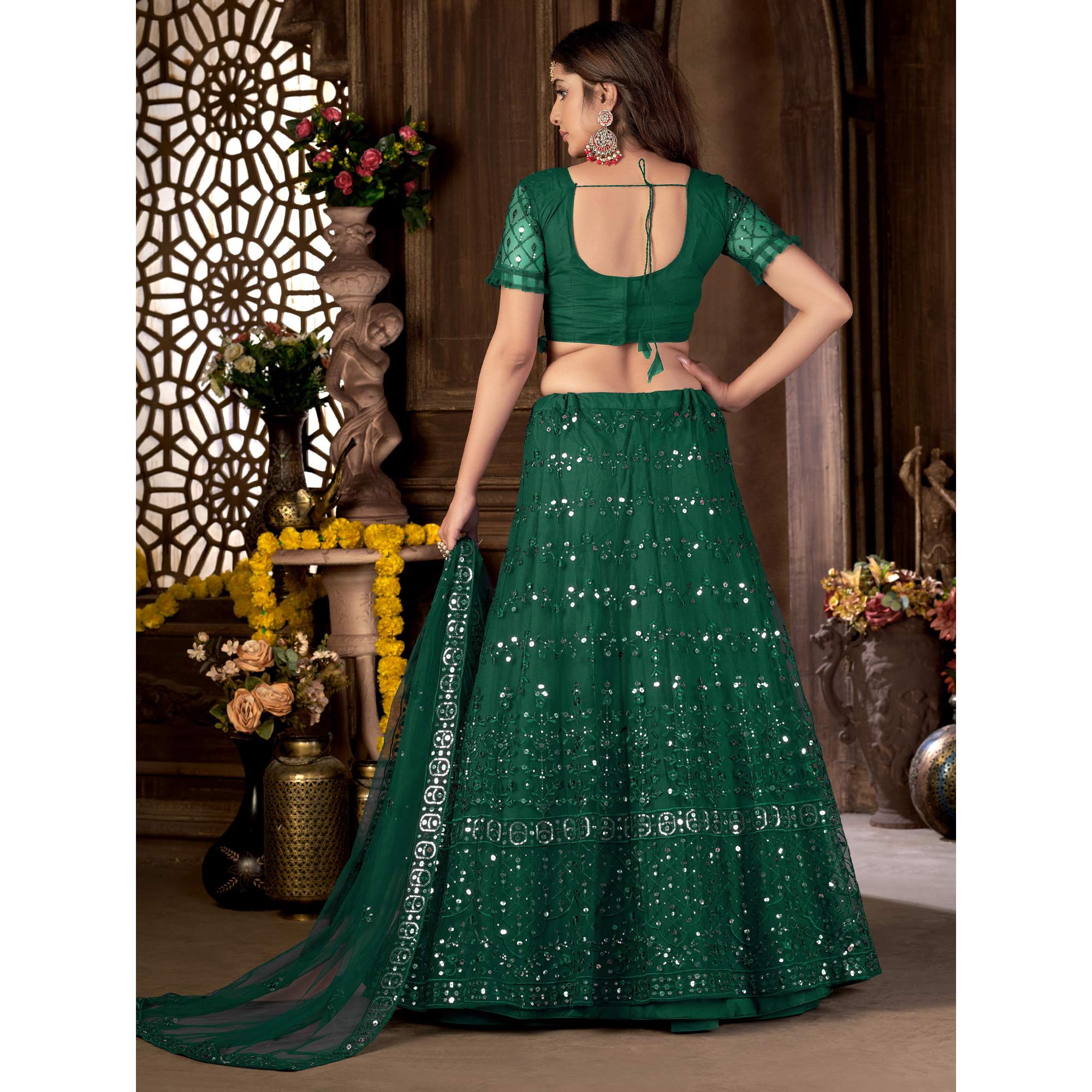 Green Sequins Embroidered Netted Lehenga Choli - Image 5