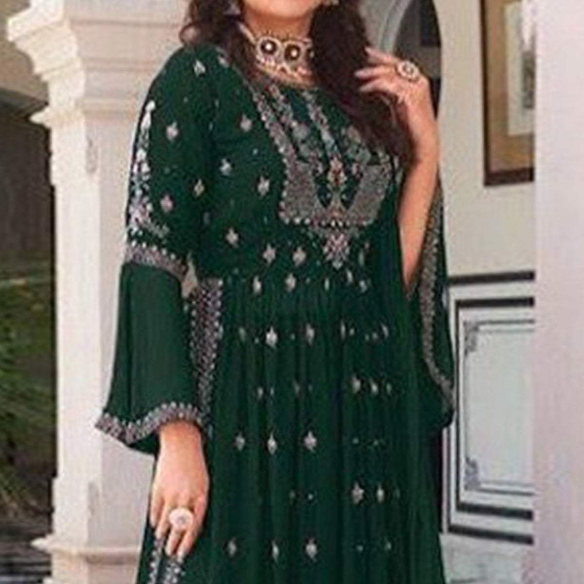 Green Floral Embroidered Georgette Naira Cut Sharara Suit