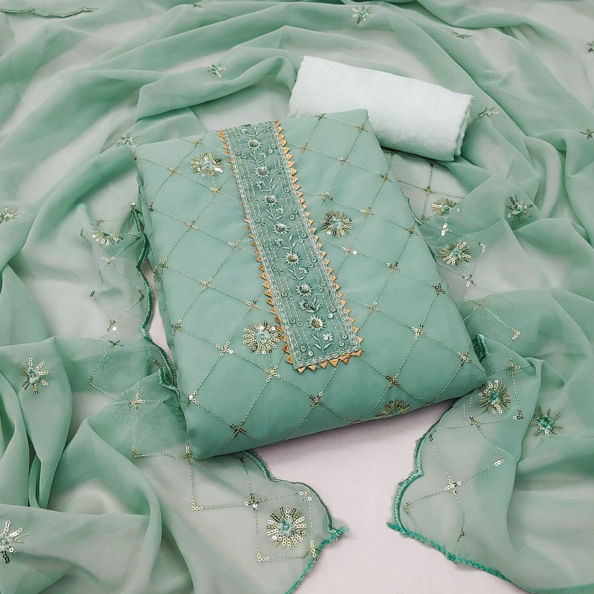 Green Embroidered Sequins Georgette Dress Material