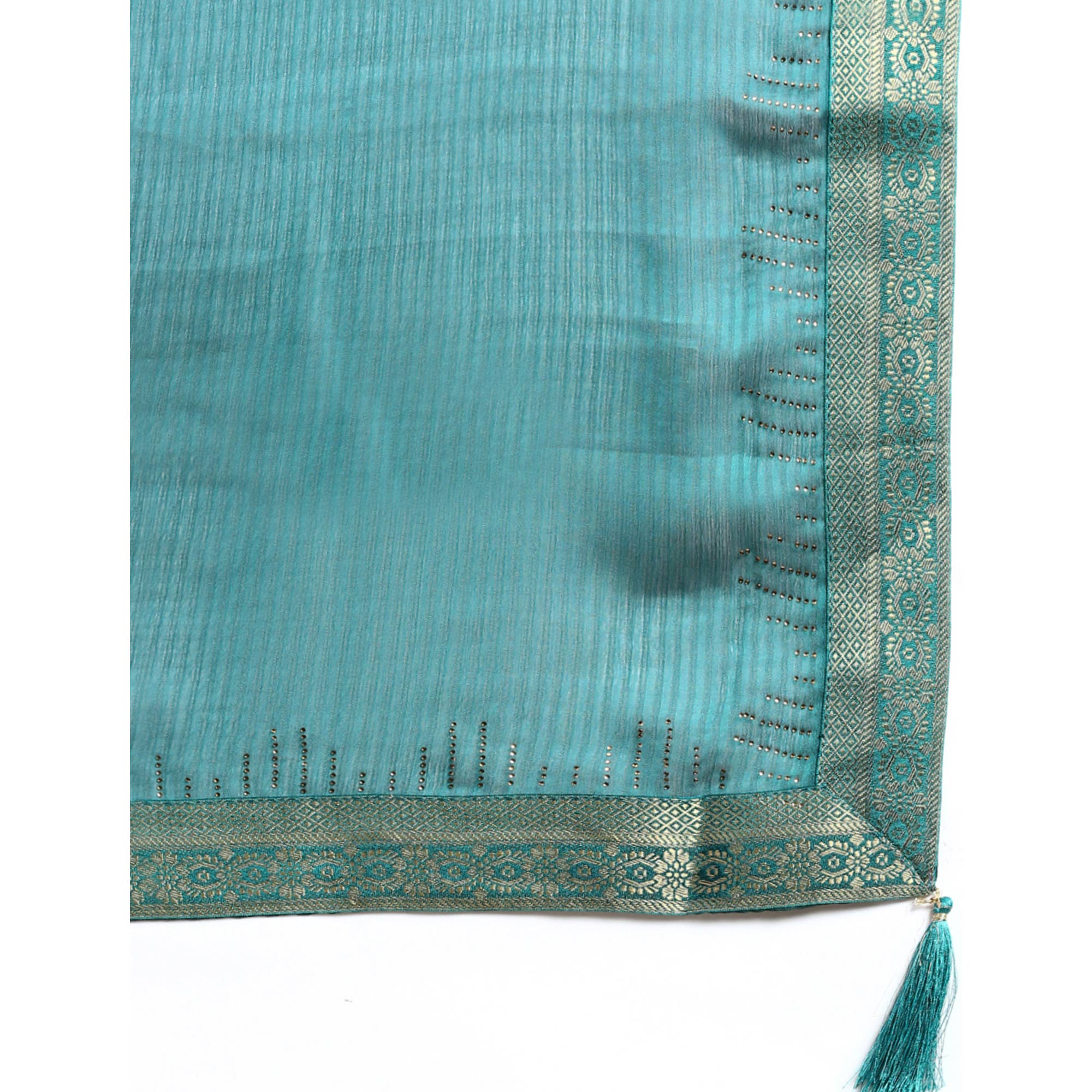 Turquoise Blue Swaroski Work With Woven Border Satin Saree