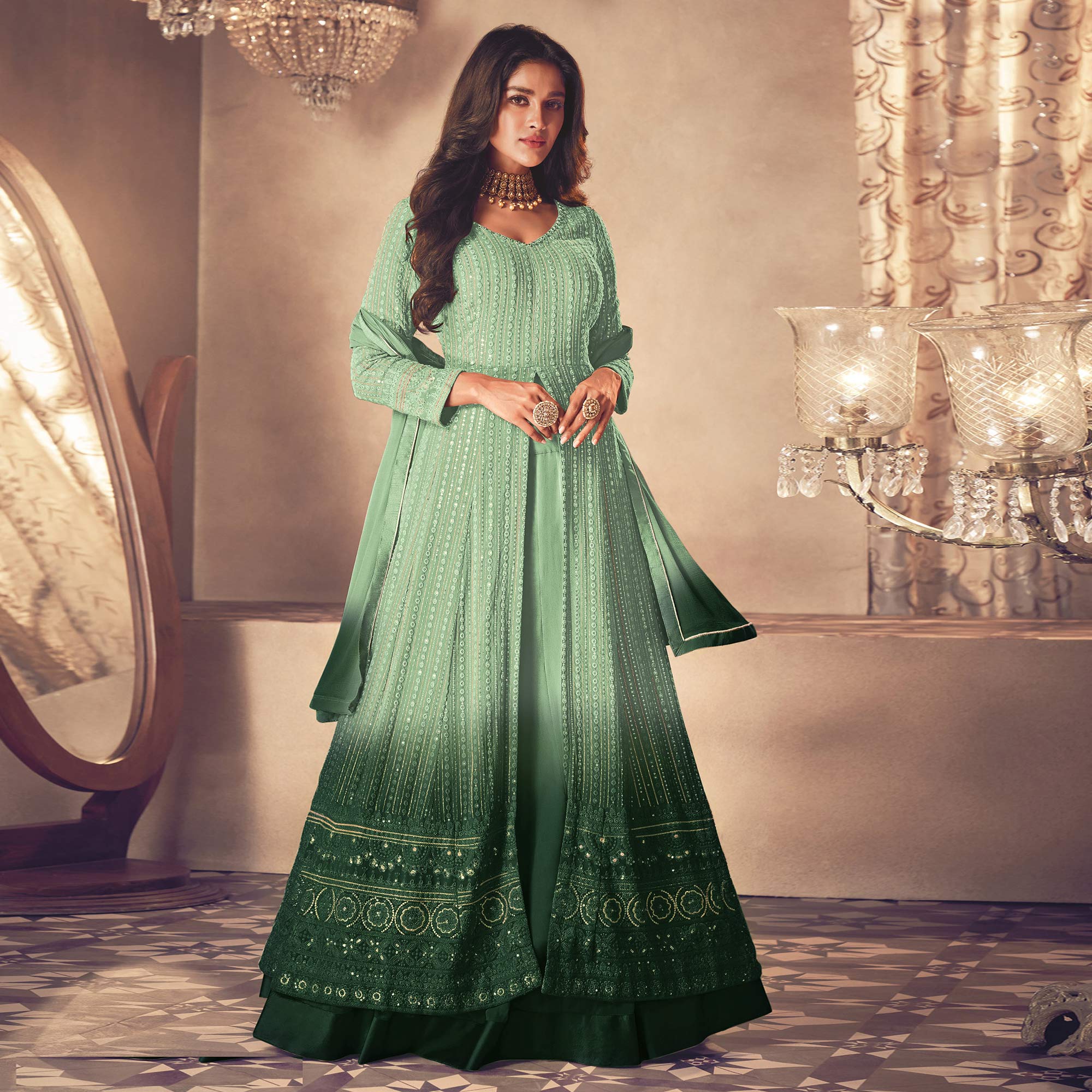 Green Sequins Embroidered Georgette Front Slit Suit