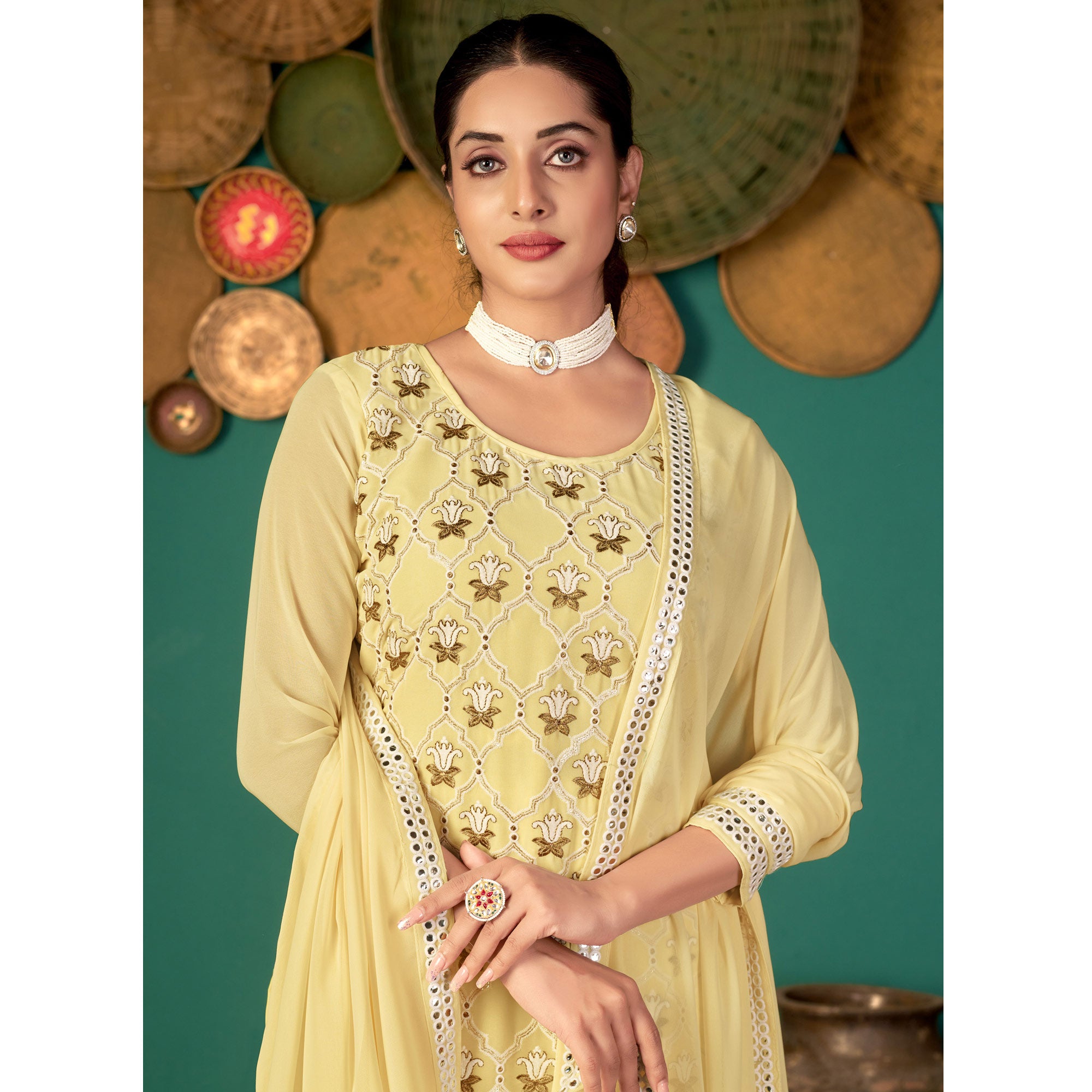 Yellow Floral Embroidered Georgette Suit - Image 2