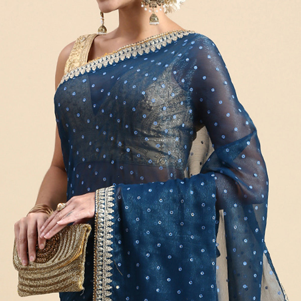 Blue Foil Printed With Embroidered Border Chiffon Saree - Image 7
