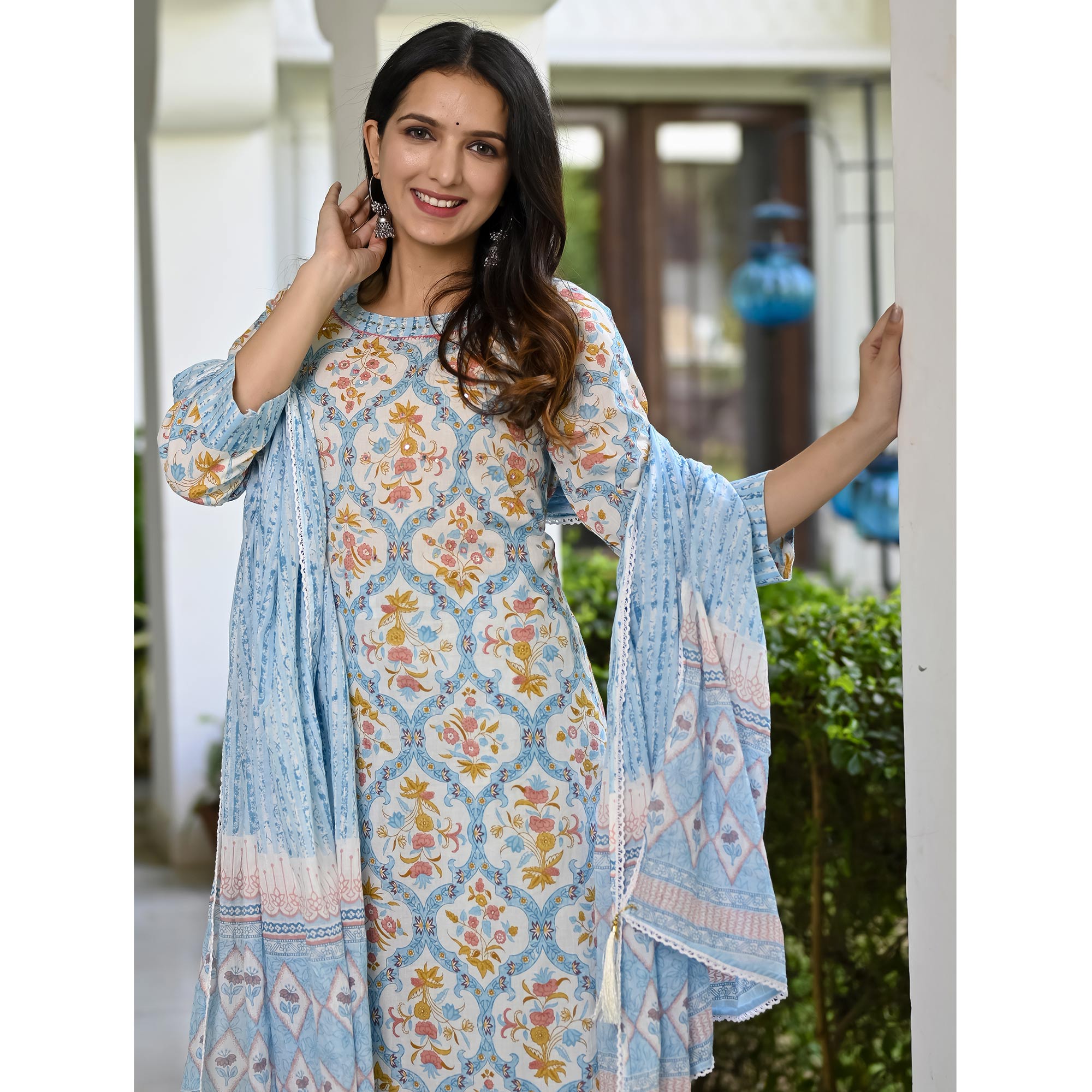 Blue Floral Printed Pure Cotton Suit