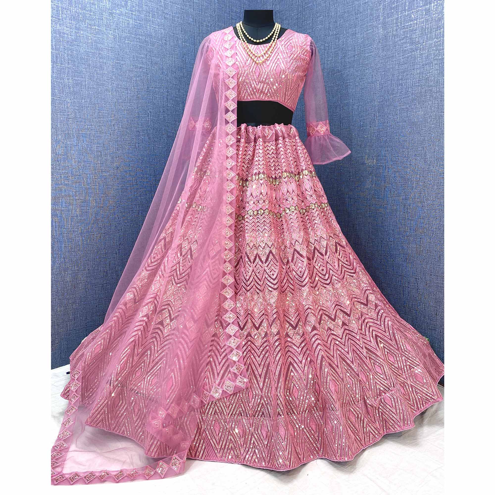 Pink Sequins Embroidered Netted Lehenga Choli - Image 5