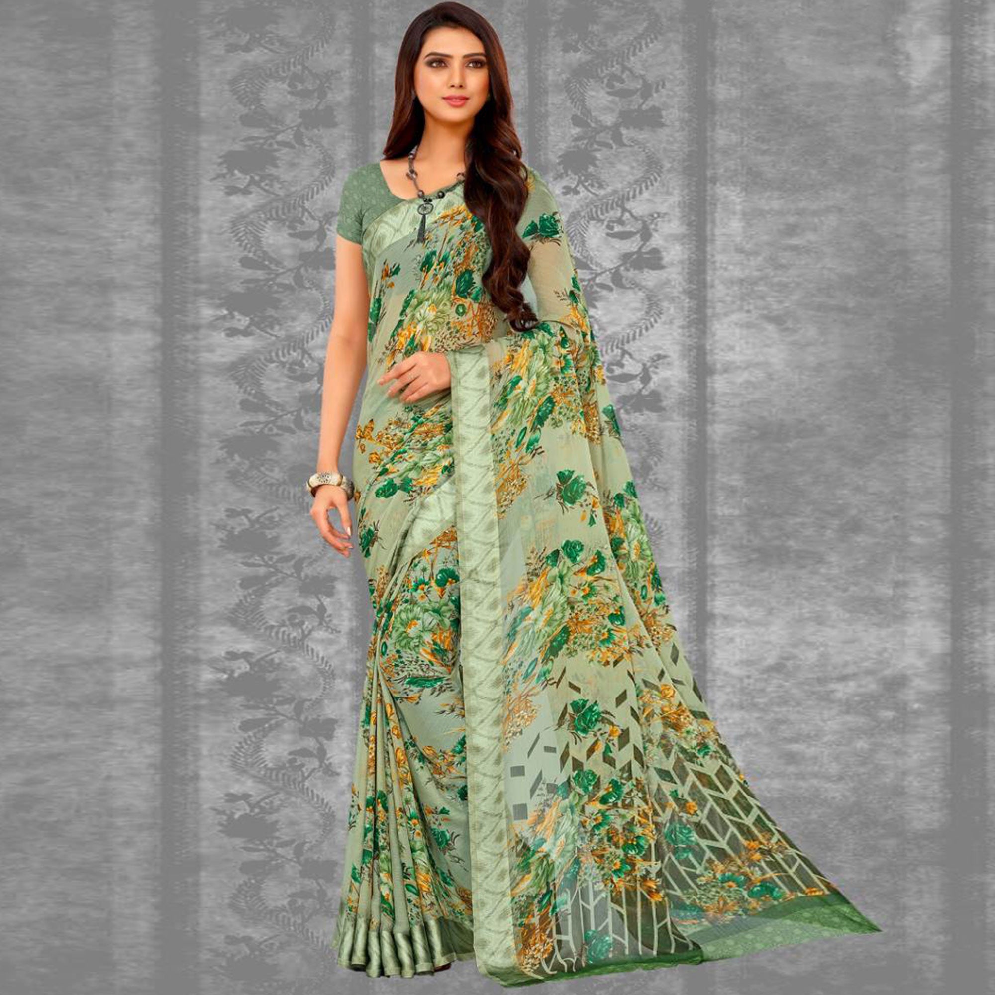 Green Floral Printed Chiffon Saree