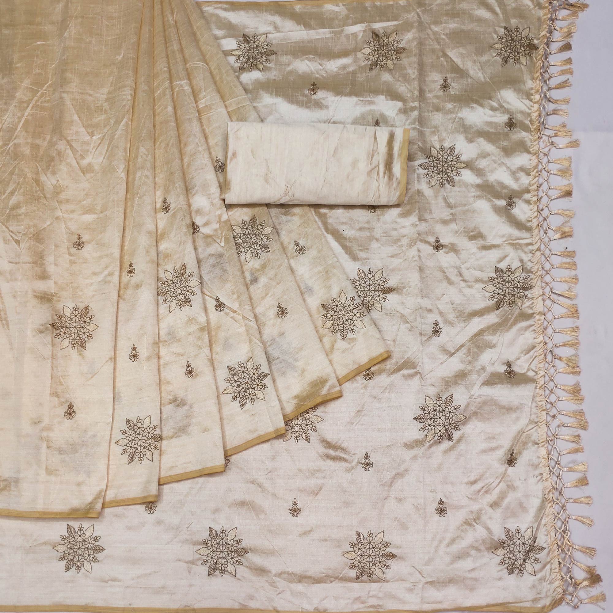 Cream Floral Embroidered Assam Silk Saree