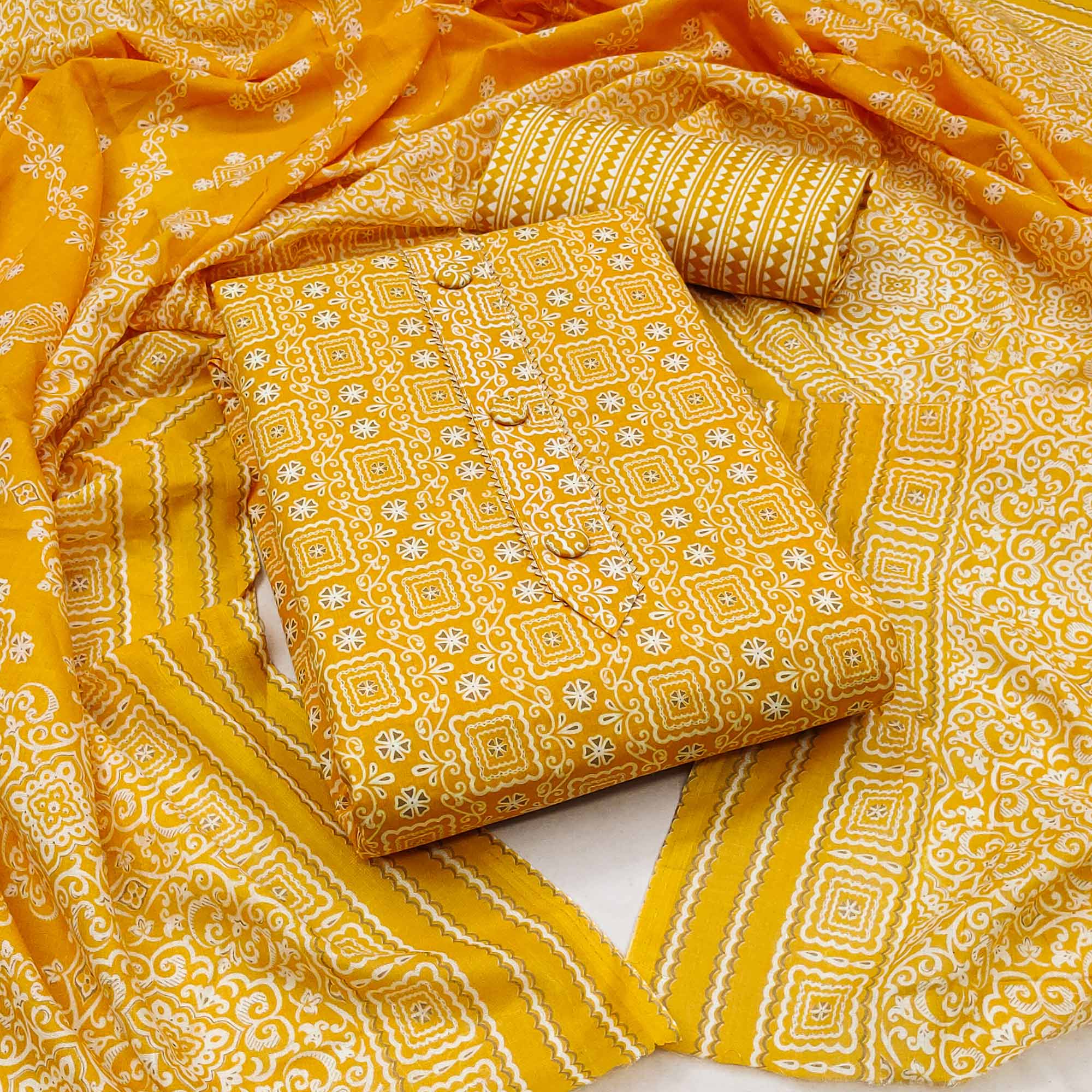 Yellow Floral Printed Cotton Dress Material
