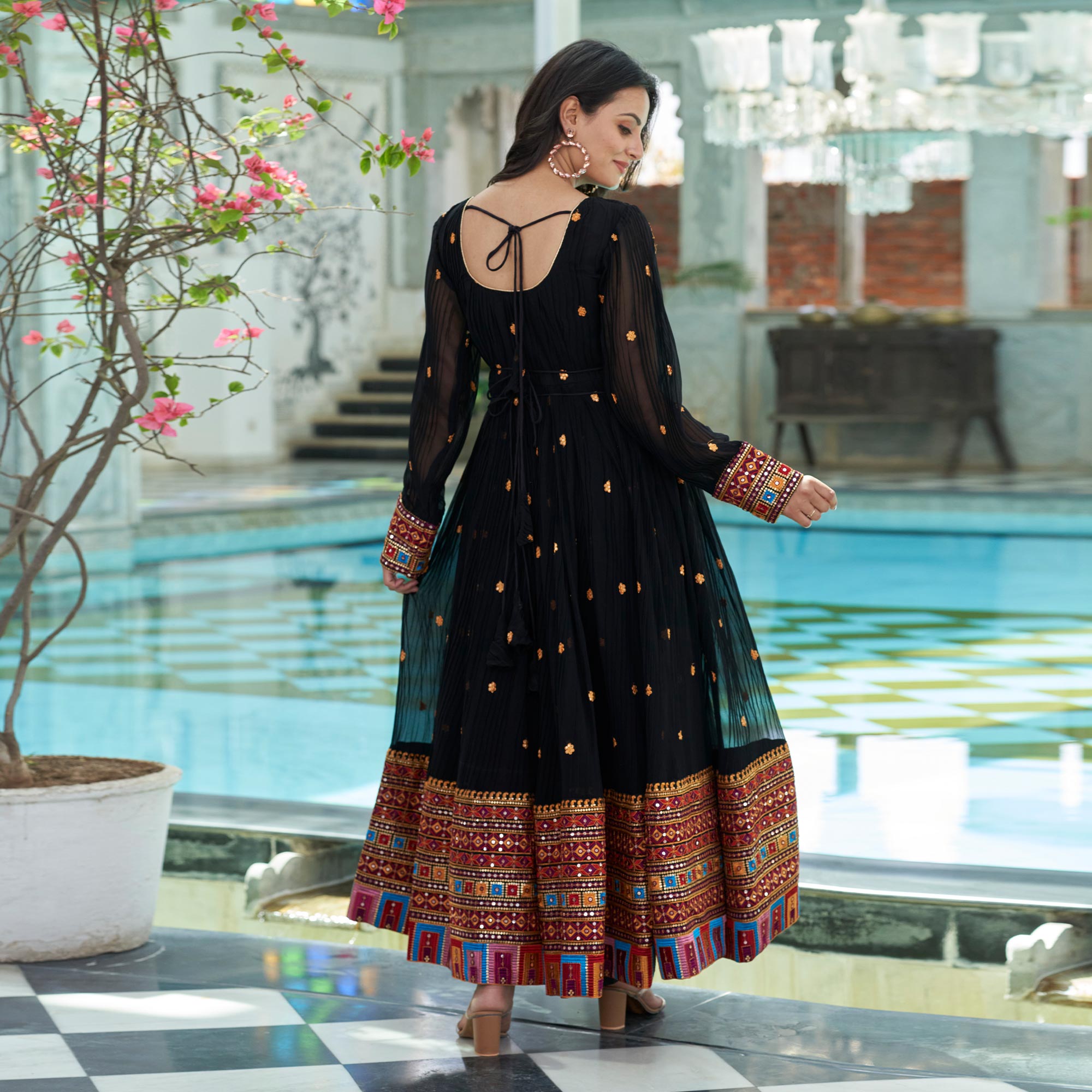 Black Floral Embroidered And Mirror Work Georgette Gown