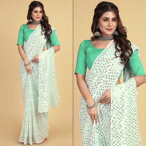 White & Sea Green Sequins Embroidered Georgette Saree