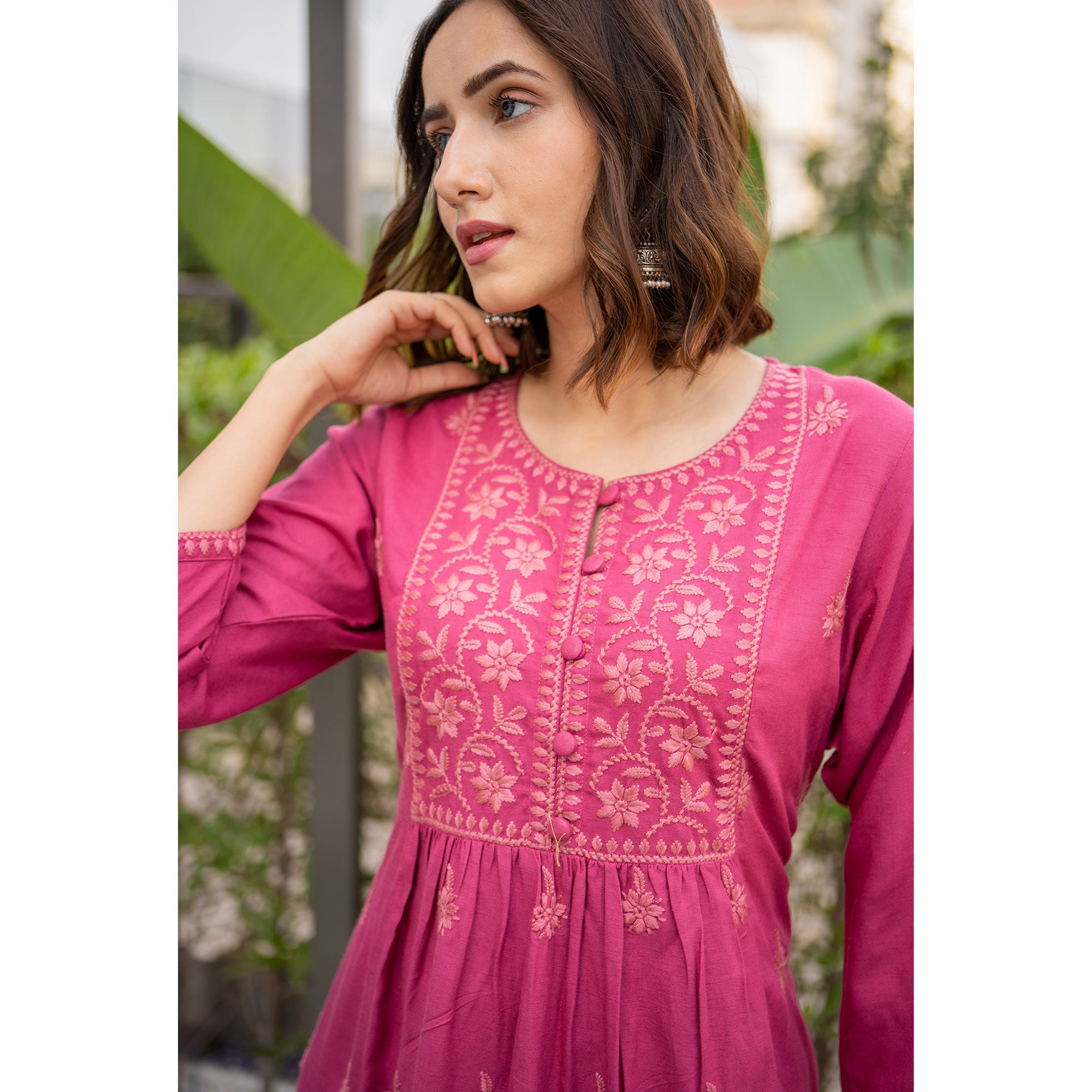 Pink Floral Embroidered Rayon Kurti