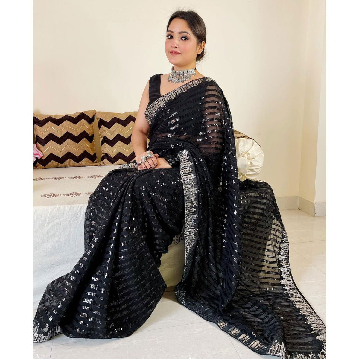 Black Sequins Embroidered Georgette Saree - Image 7