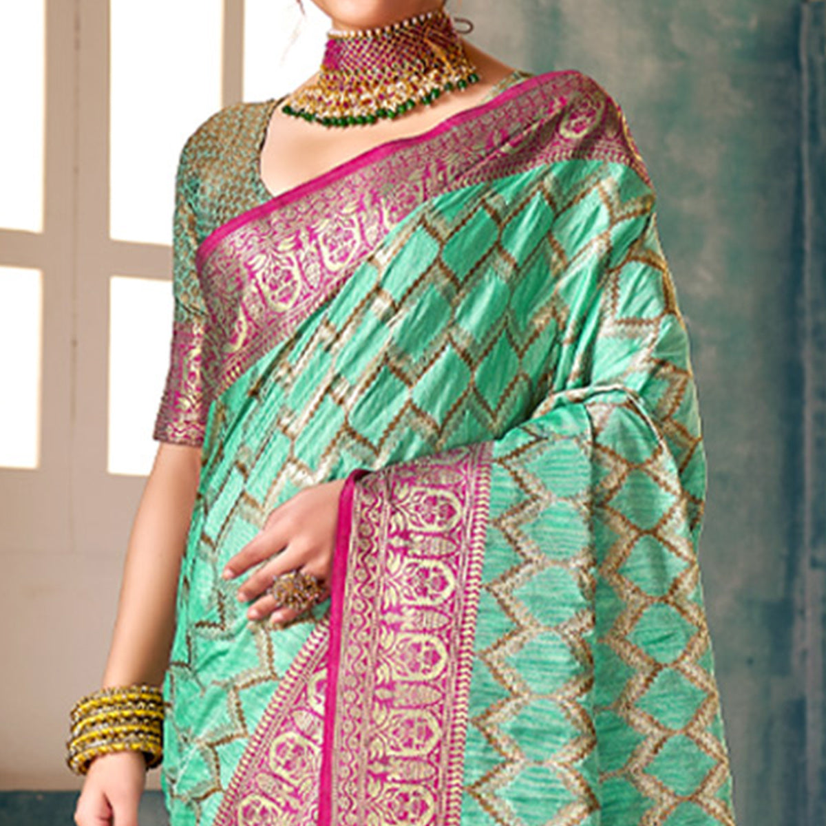 Turquoise Woven Banarasi Silk Saree