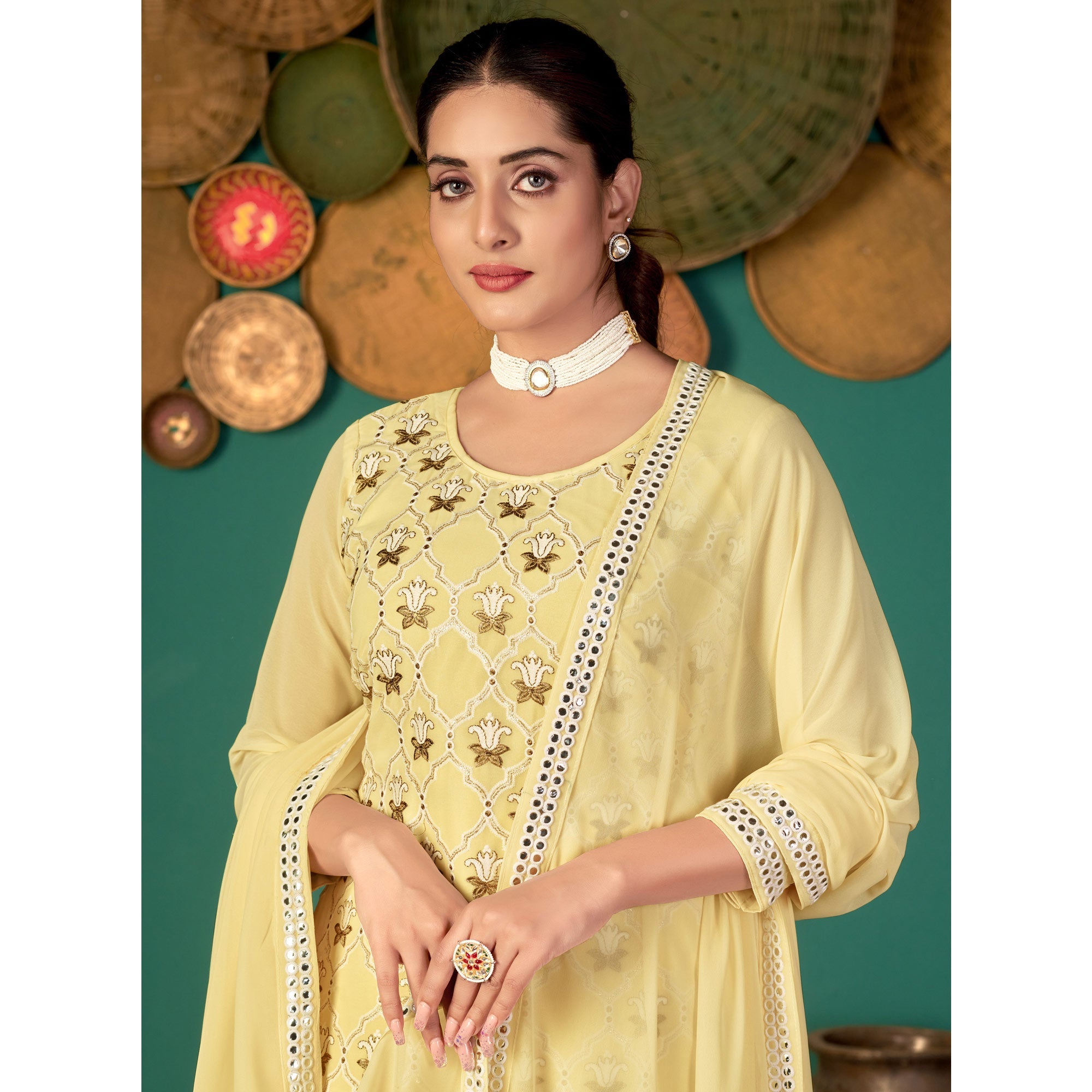 Yellow Floral Embroidered Georgette Suit - Image 1