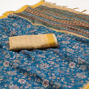 Blue Floral Digital Printed Linen Saree