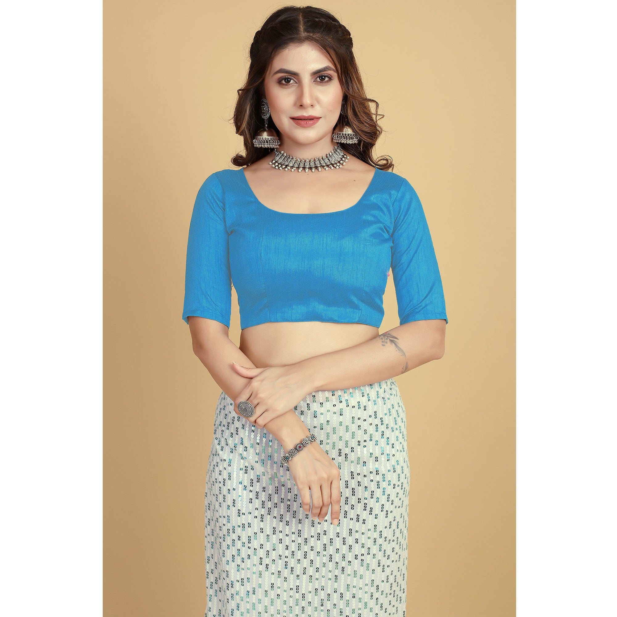 White & Blue Sequins Embroidered Georgette Saree