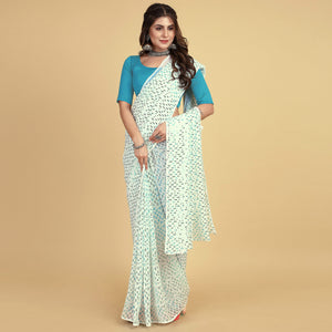 White & Blue Sequins Embroidered Georgette Saree