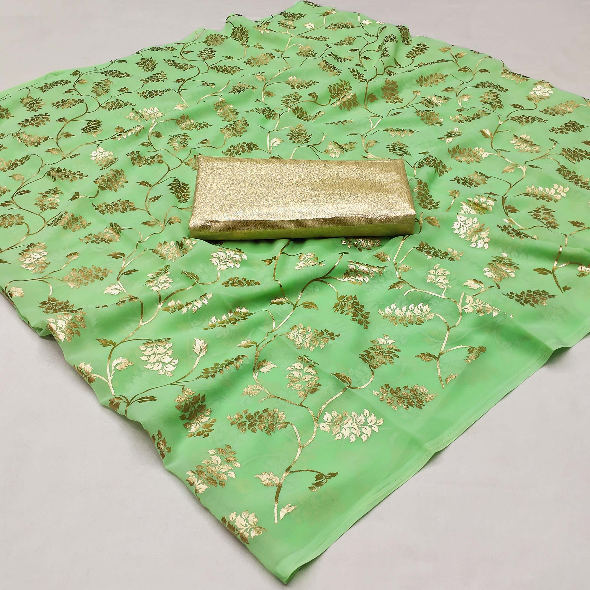 Green Floral Foil Printed Georgette Saree