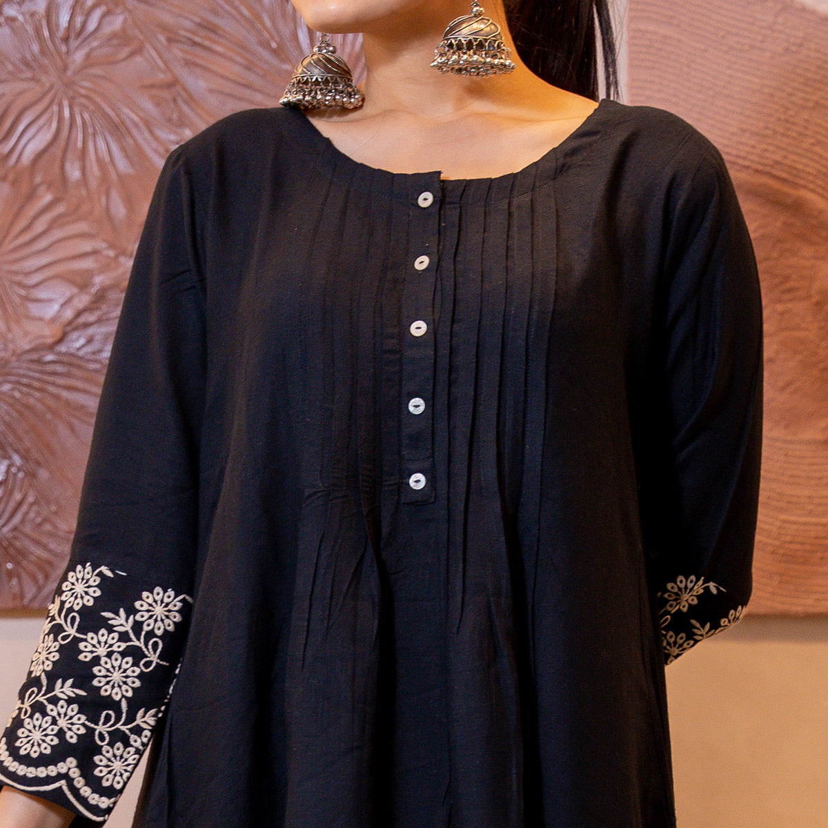 Black Floral Embroidered Rayon Dress