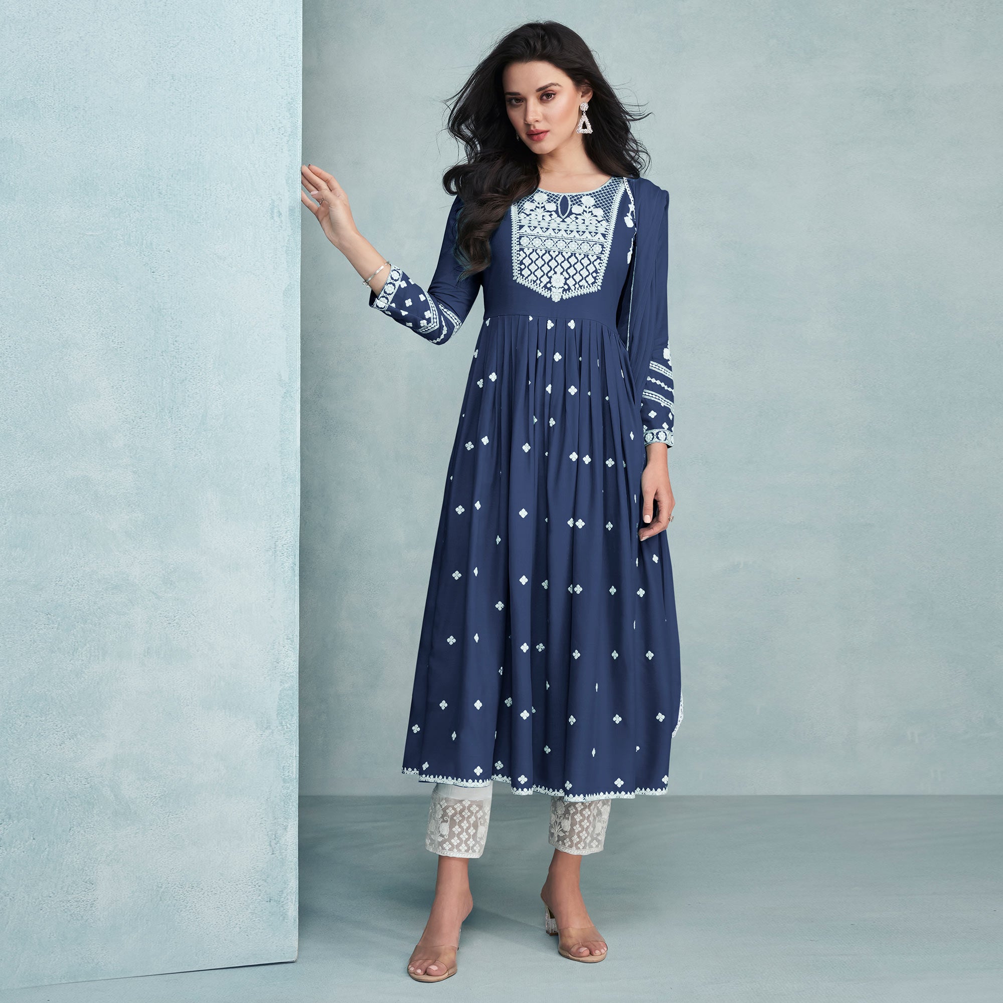 Blue Lucknowi Work Rayon Naira Cut Suit